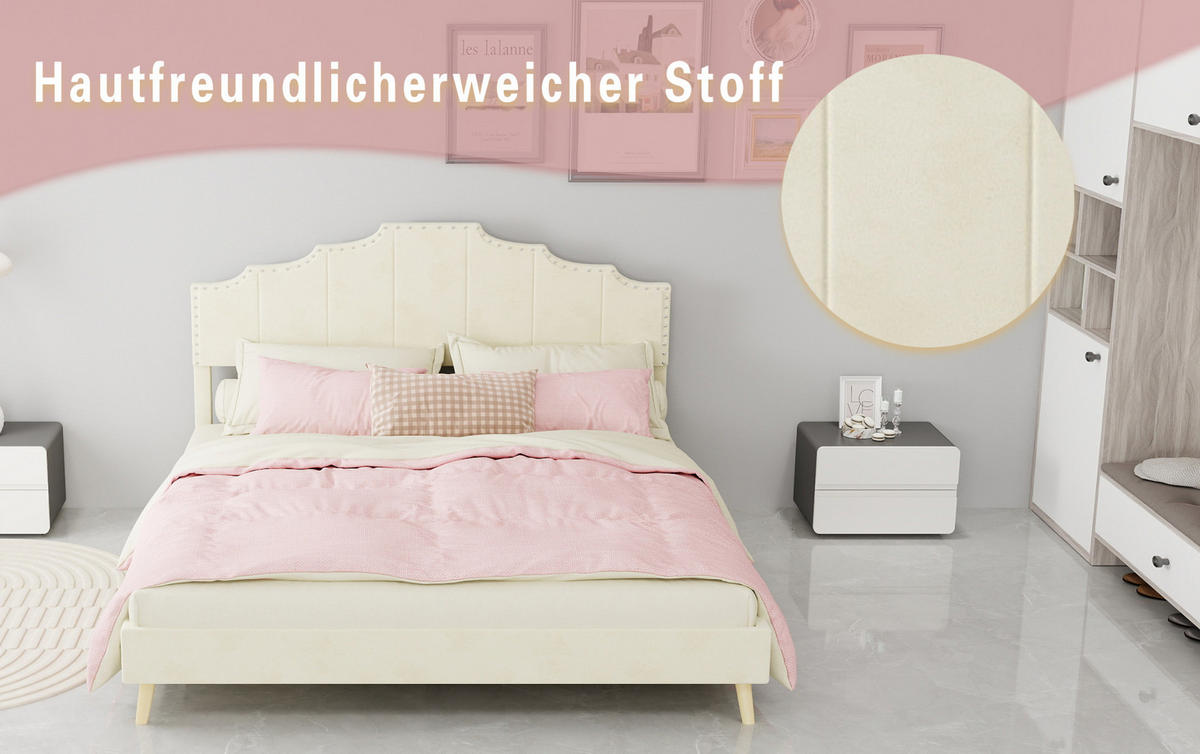 POLSTERBETT 160/200 cm mit geometrischem Kopfteil und Lattenrost, Beige - Beige, Textil (160/200cm) - Redom