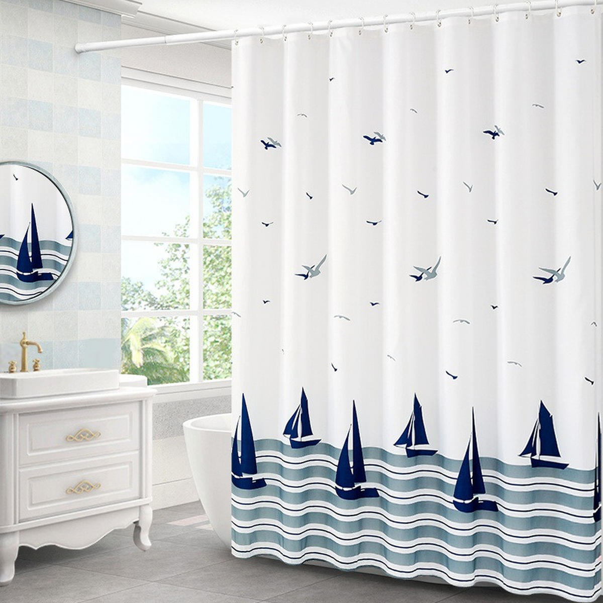 DUSCHVORHANG Blau nautisch Segelboot beschwerter Saum schimmelresistent waschbar Badezimmer mit Haken - Blau, Textil (150/180cm) - MCBOSON