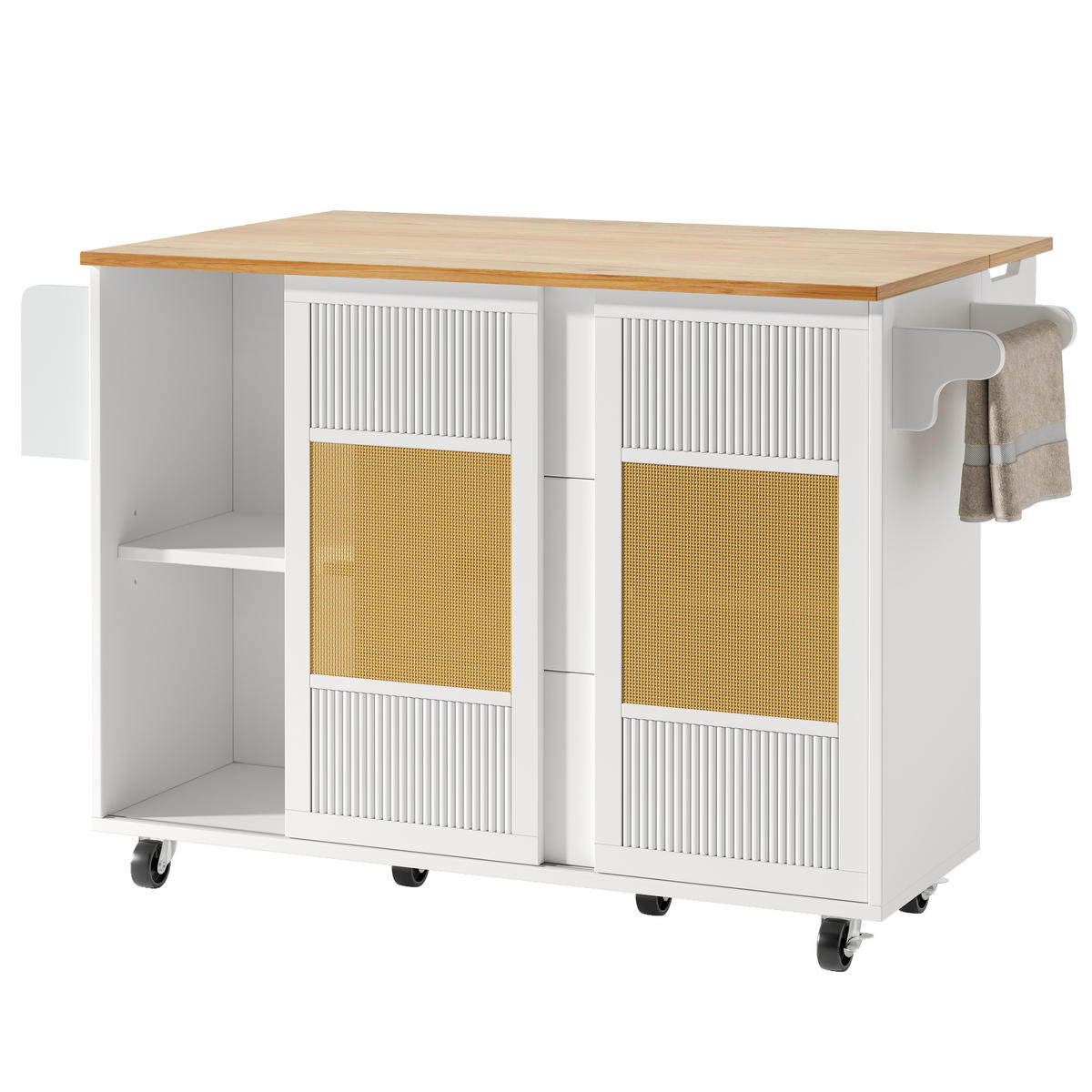 KÜCHENINSEL mit Rollen 146,85/70/90 cm Weiß mit Klapptisch, 3 Schublade und Rattan-Schiebetüren - Weiß, Holz/Holzwerkstoff (146.85/90/70cm) - Oxeza