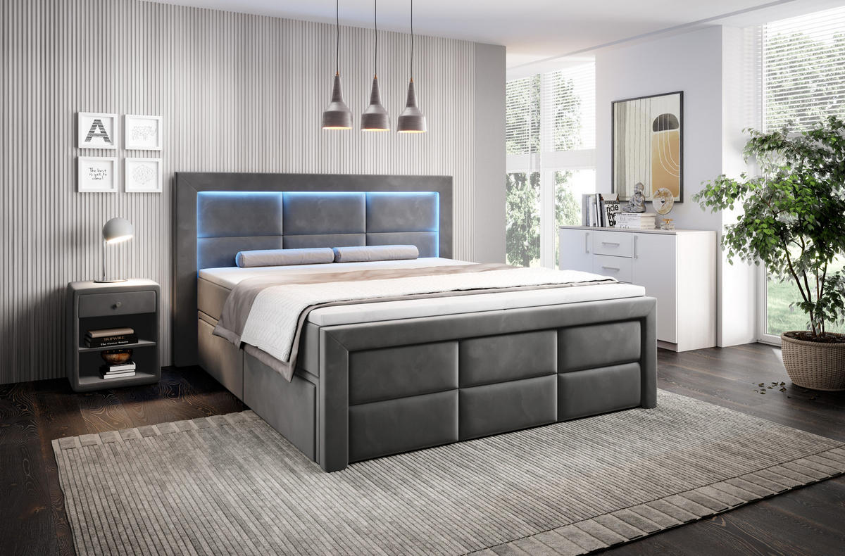 BOXSPRINGBETT Aspen mit Schubladen und Topper, LED-Beleuchtung, Samt, 180x200 cm, Grau - Grau, Holz - PROMETO Möbel