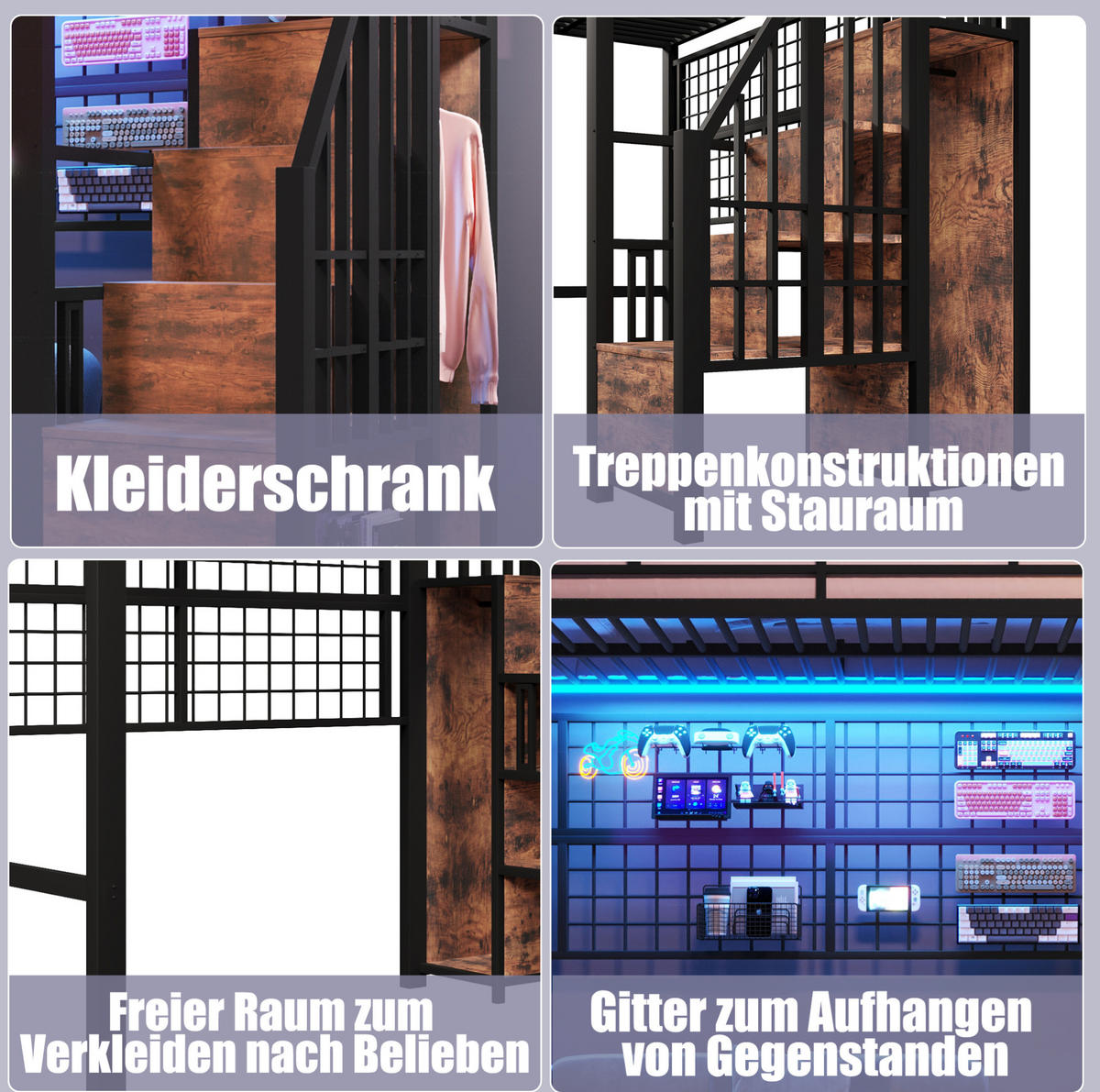 HOCHBETT 90/200 cm mit Stauraumleiter, Kleiderschrank, Hängegitter und 7-Farben-LED, Schwarz - Schwarz, Metall (90/200cm) - Redom