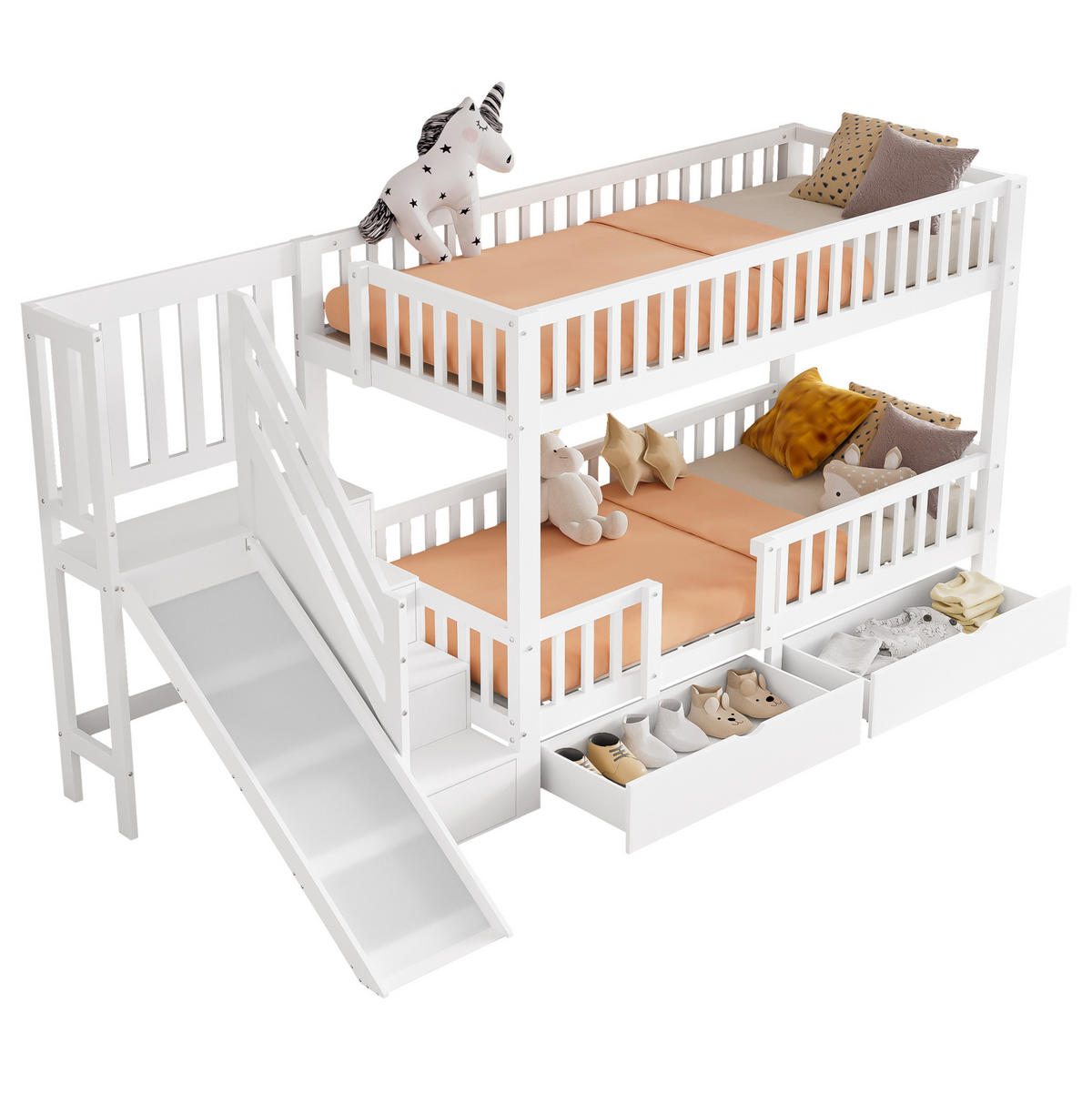 ETAGENBETT 90/200 cm Weiß mit Rutsche, Treppe, Schubladen, ohne Matratze - Weiß, Holz (90/200cm) - MIVRAY