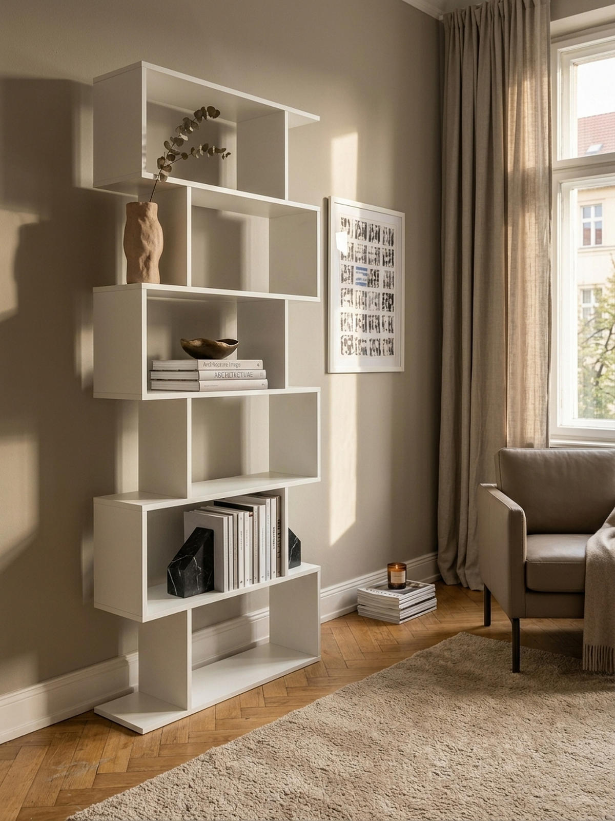 BÜCHERREGAL – Zickzack, Mattweiß, 6 Fächer, Anti-Rutsch-Noppen - Weiß, Holz (70/191/24cm) - KADIMA DESIGN