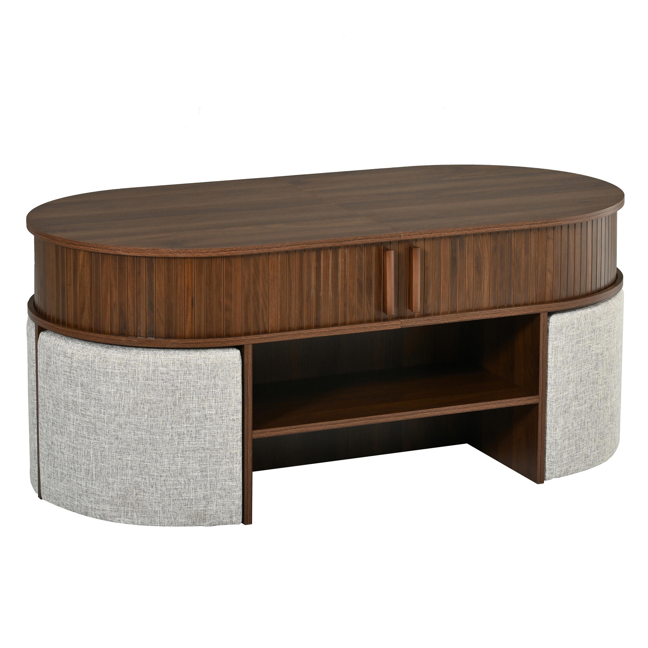 COUCHTISCH-SET DE-37043 oval mit Schiebetüren und Hockern Nussbaum - Walnussfarben, Holzwerkstoff (120/60/51.5cm) - ComfortXL