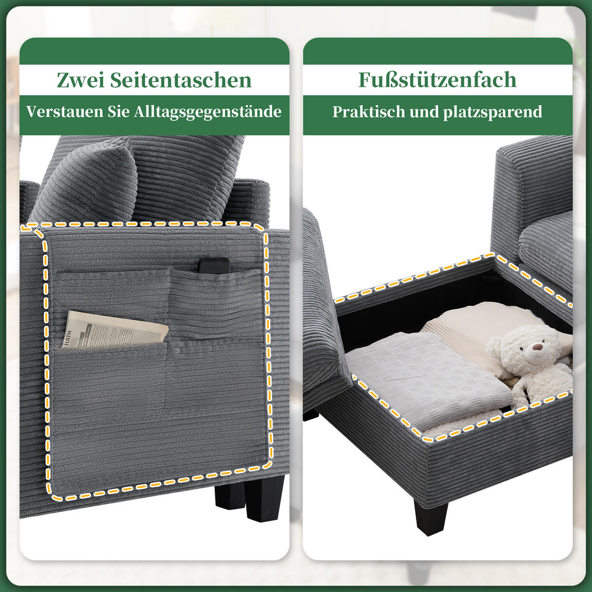 4-SITZER ECKSOFA Cord Grau mit USB, Becherhaltern und Stauraum - Grau, Holzwerkstoff/Kunststoff (229/149.5cm) - WISHDOR