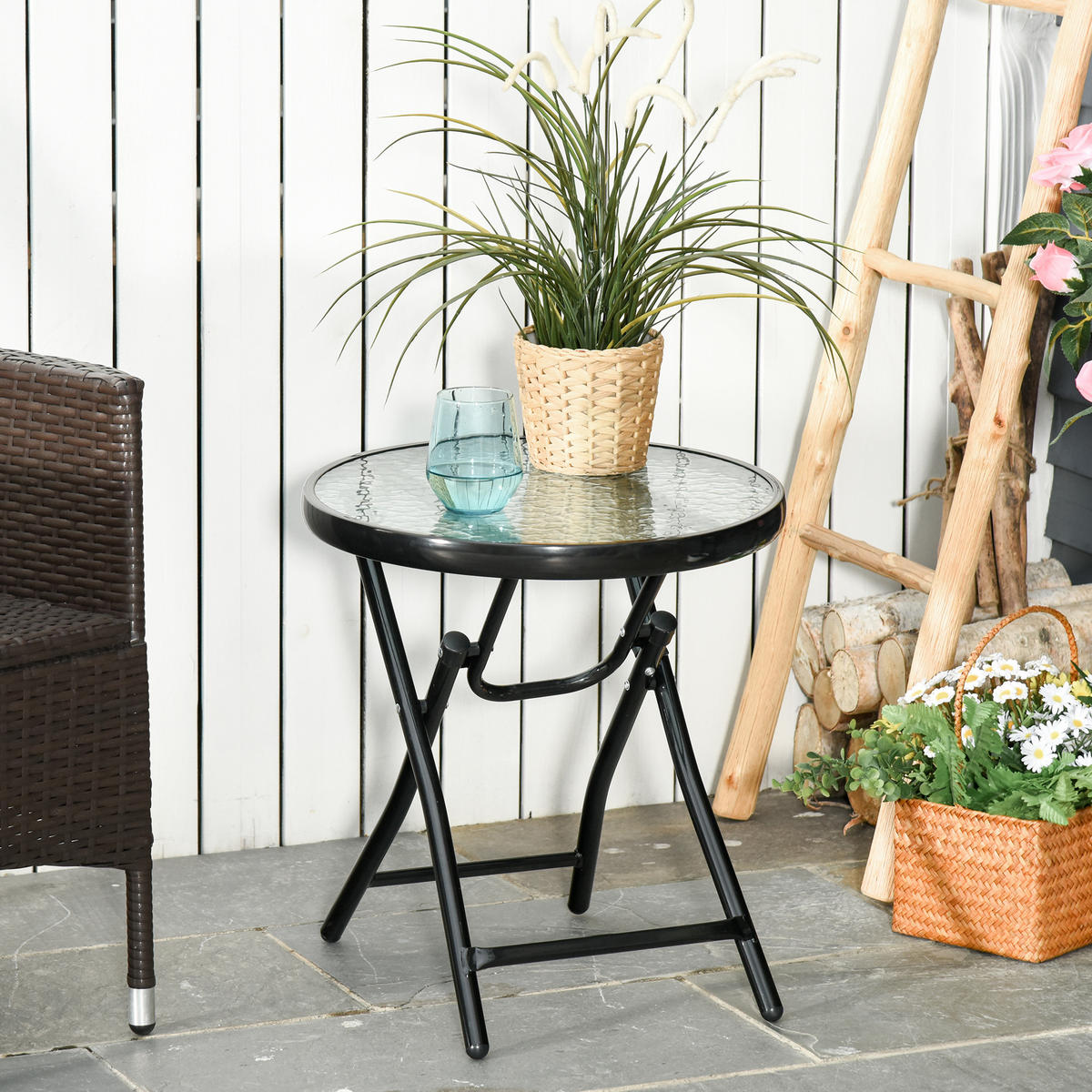 GARTENTISCH DE-07296 klappbar, rund mit Wassermuster Schwarz - Schwarz, Glas/Metall (45/45/50cm) - ComfortXL