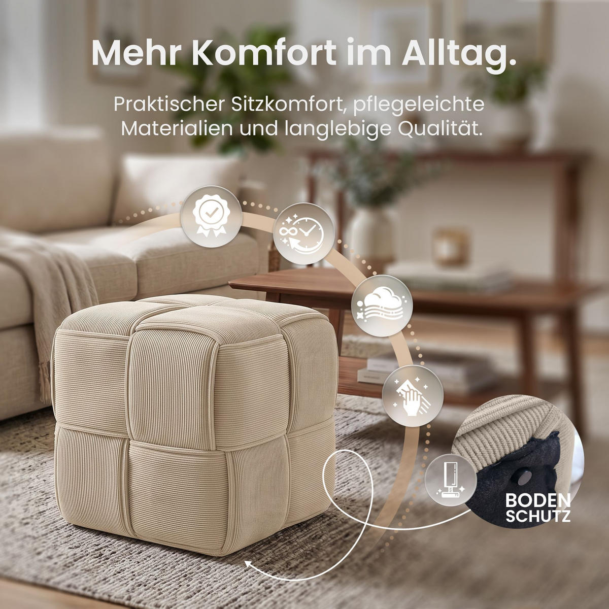SITZWÜRFEL eckig 40/40/40 cm Cord Creme - Creme, Kunststoff/Textil (40/40/40cm) - CLP