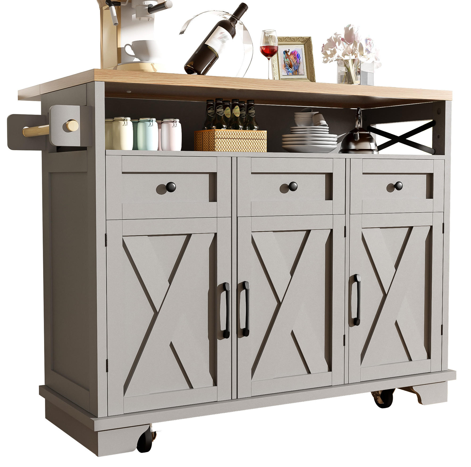 KUECHENINSEL mit Klappseite 118 x 43-80 x 98 cm Grau - Grau, Metall (43/98/118cm) - Beauniv