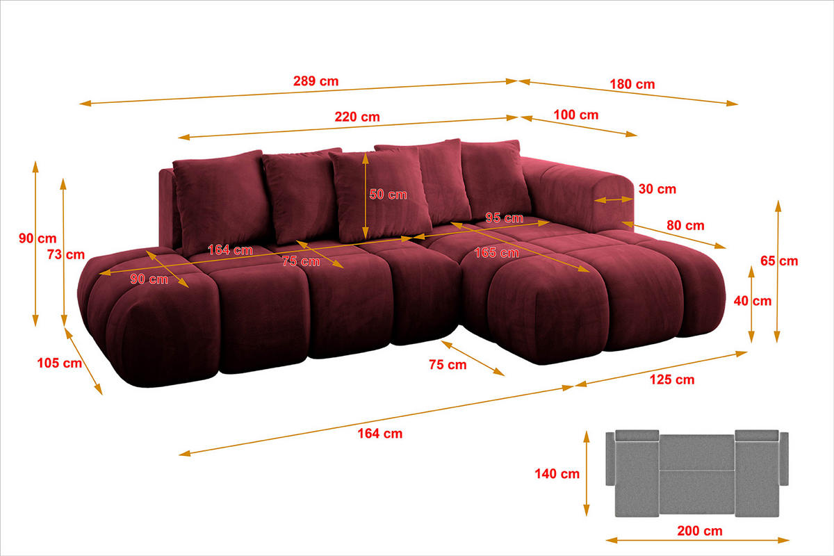 ECKSOFA Ottomane Rechts CLOUD-L-v1 289x180x40 Bordeaux Velours - Bordeaux, Holzwerkstoff/Kunststoff (289/180cm) - ALTDECOR