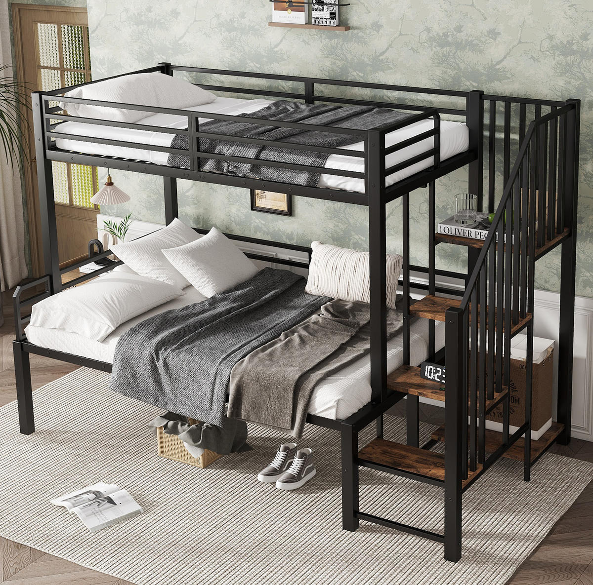 ETAGENBETT 90/120x200 cm aus Metall und MDF mit Eckleiter, Stauraum und Sicherheitsgeländern, Schwarz/Vintage-Holzfarbe - Schwarz, Holzwerkstoff (90/200cm) - Redom