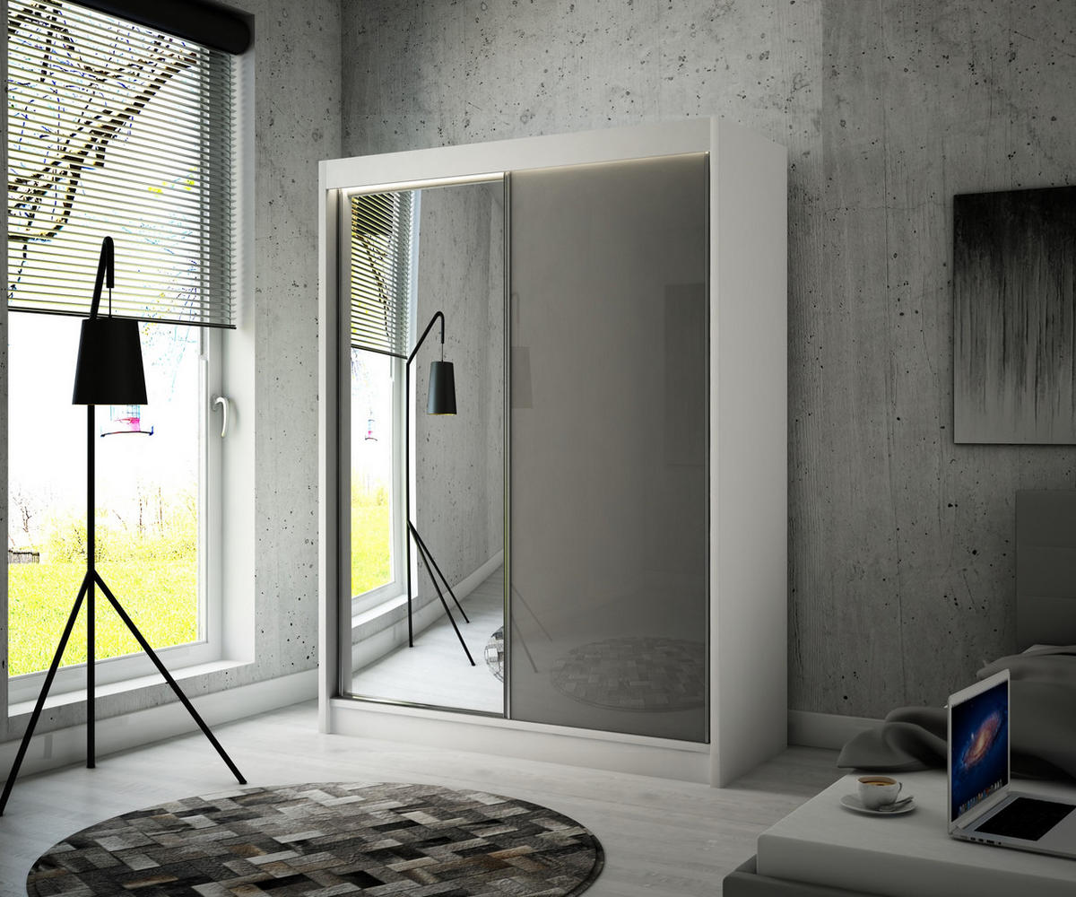 SCHIEBETÜRENSCHRANK ELIS - Weiß/Grau, Holzwerkstoff (200/215/61cm) - Meblini