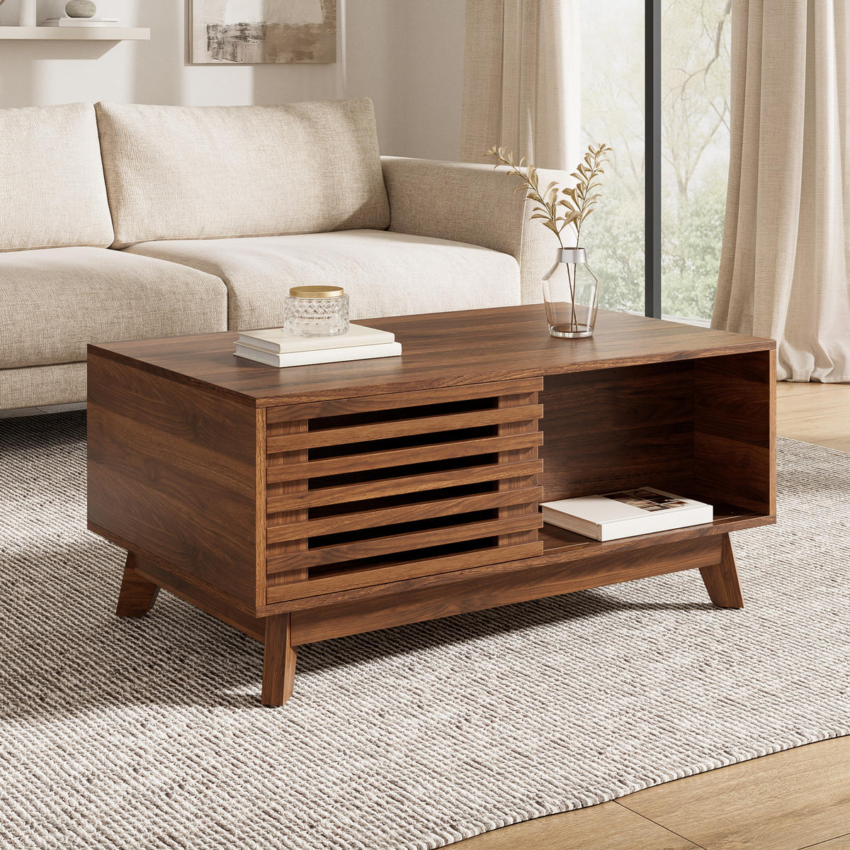 COUCHTISCH 90/55/57,5 cm aus MDF mit höhenverstellbarer Tischplatte und verschiebbarer Jalousietür, Nussbaum - Nussbaumfarben, Holzwerkstoff (90/55/57.5cm) - Redom