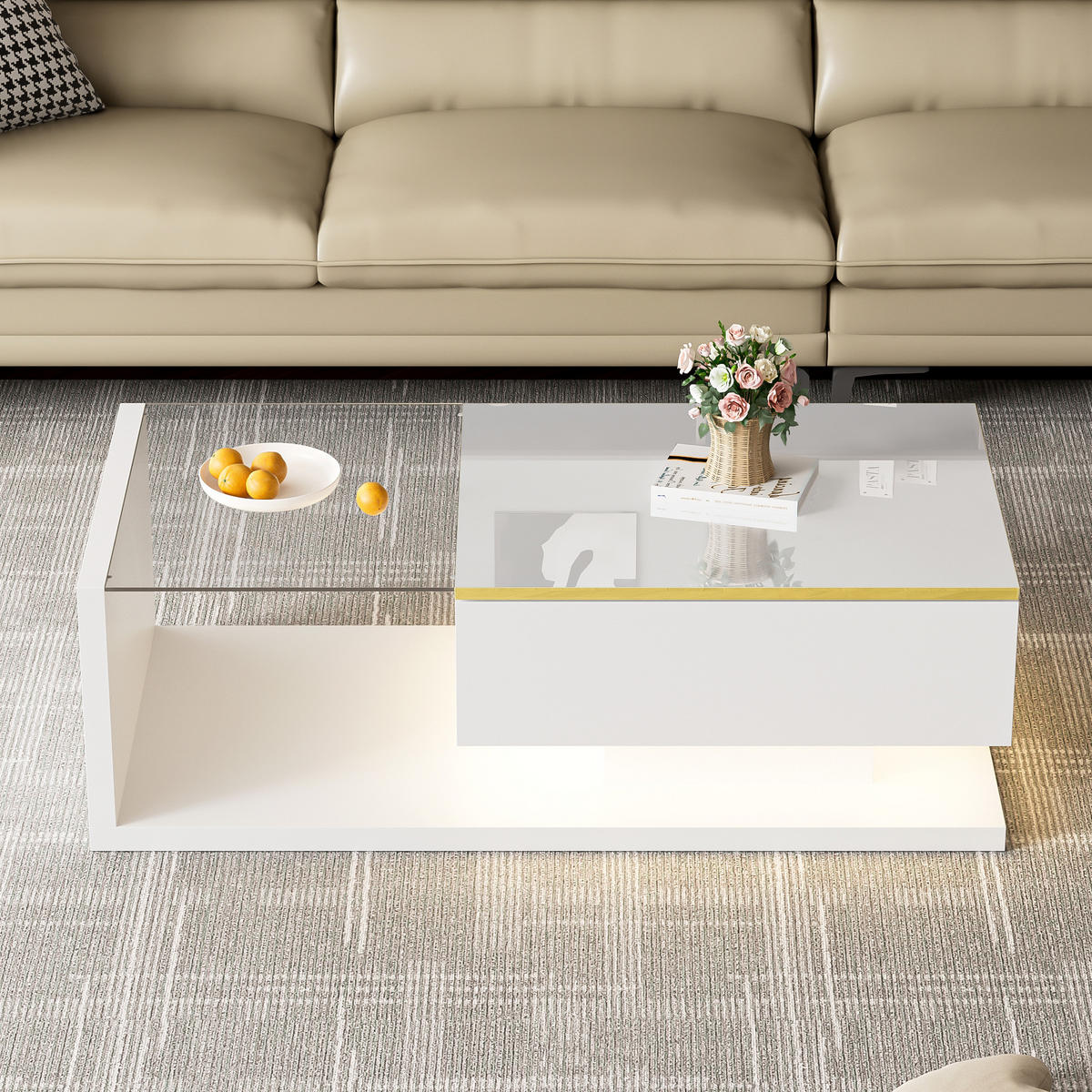 KONFERENČNÍ stolek 100/50/32,5 cm bílý s LED a skleněnou deskou - bílá, kompozitní dřevo (100/50/32.5cm) - BEAOK