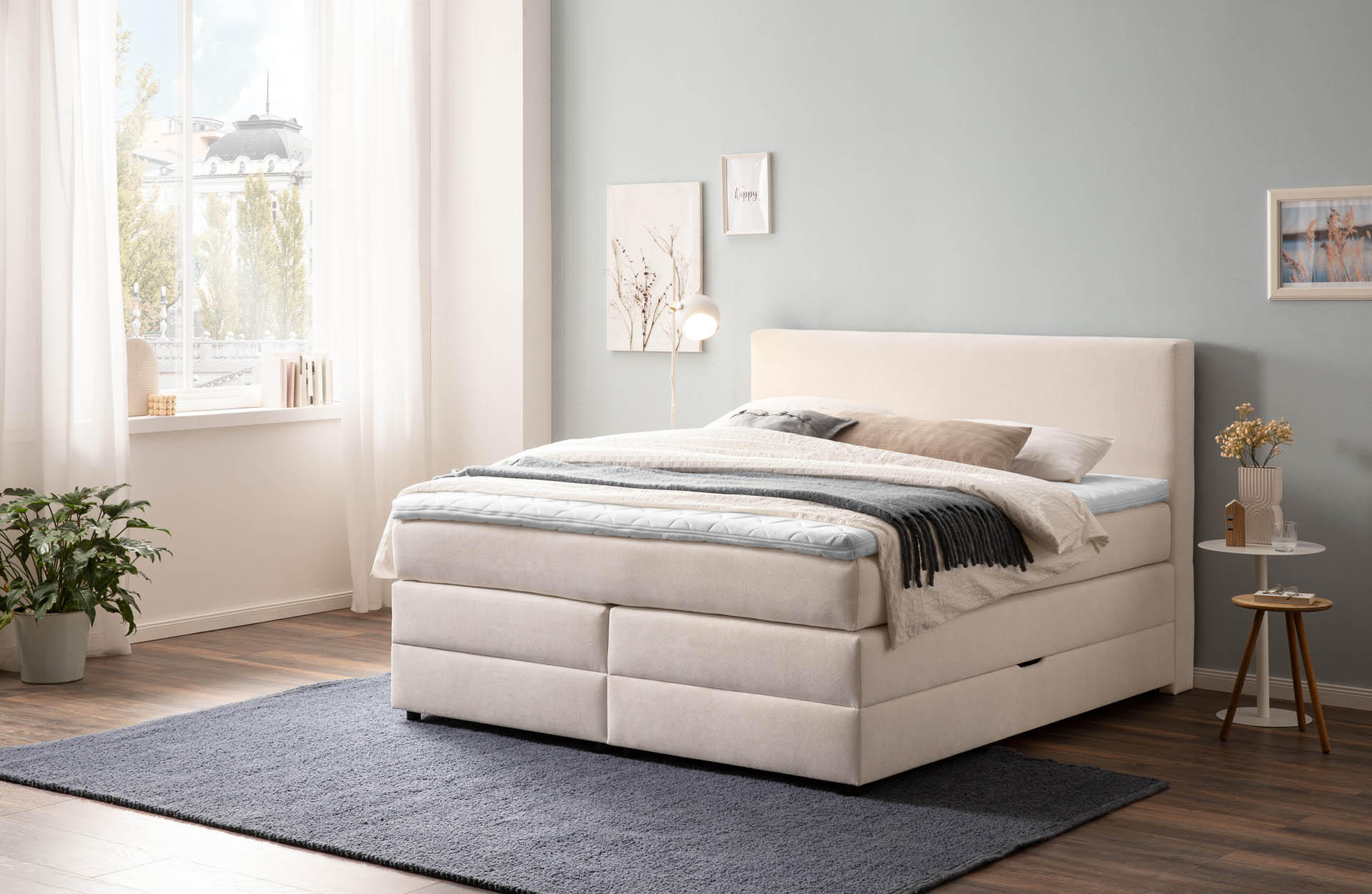 BOXSPRINGBETT LOFT 160x200 Beige H2 und H3 mit Bettkasten 7-Zonen Taschenfederkern Matratze inkl. Visco Topper - Beige, Textil (160/200cm) - Belanoti