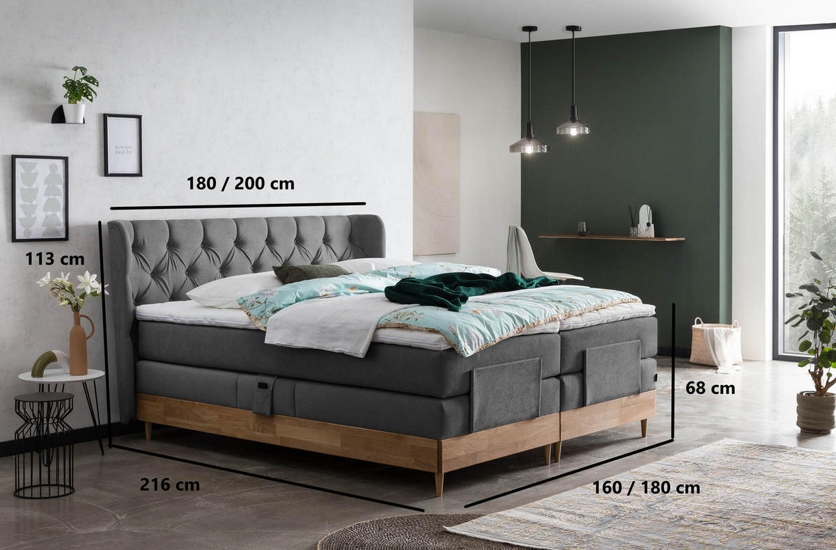 BOXSPRINGBETT ELEKTRISCH VERSTELLBAR EON 160x200 Anthrazit H2 und H3 Bett mit Motor 7-Zonen TFK Matratze inkl. Visco Topper Motorbett mit Eiche - Anthrazit, Textil (160/200cm) - Belanoti