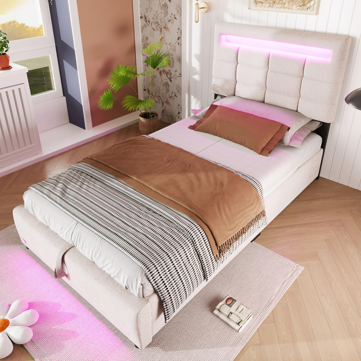 POLSTERBETT 90/200 cm Beige mit LED-Beleuchtung und hydraulischer Lagerung - Beige, Textil (90/200cm) - OKWISH