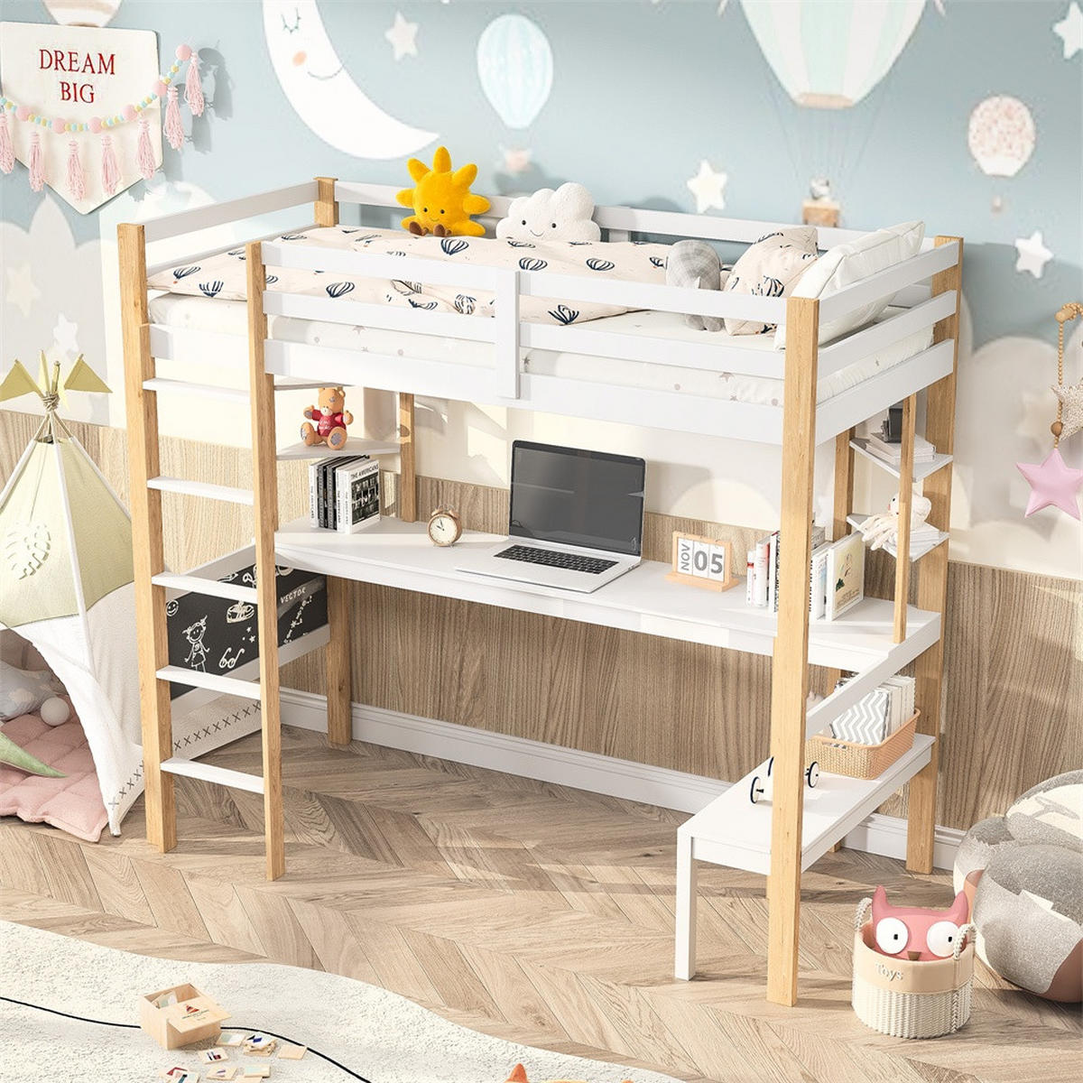 KINDERBETT 90x200 cm mit Schreibtisch - integrierten Regalen und Treppe - ohne Matratze - Weiß-Natur - Weiß, Holz (90/200cm) - DELFA