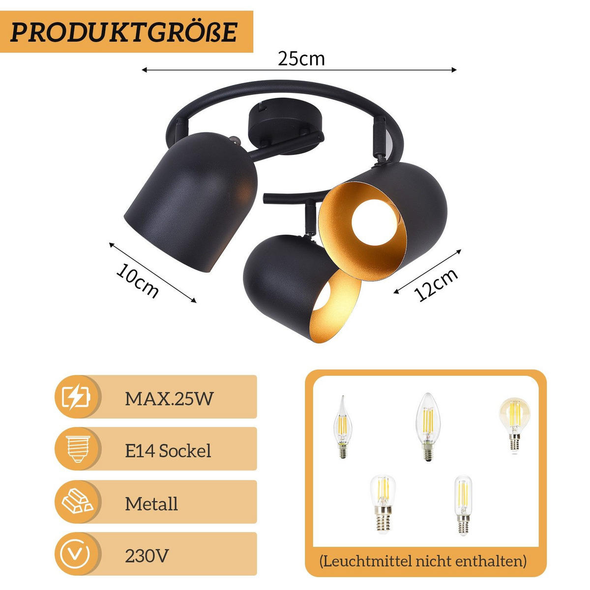 STRAHLER Gera 3-flammig 25/25/21 cm - Schwarz, Metall (25/25/21cm) - Nettlife