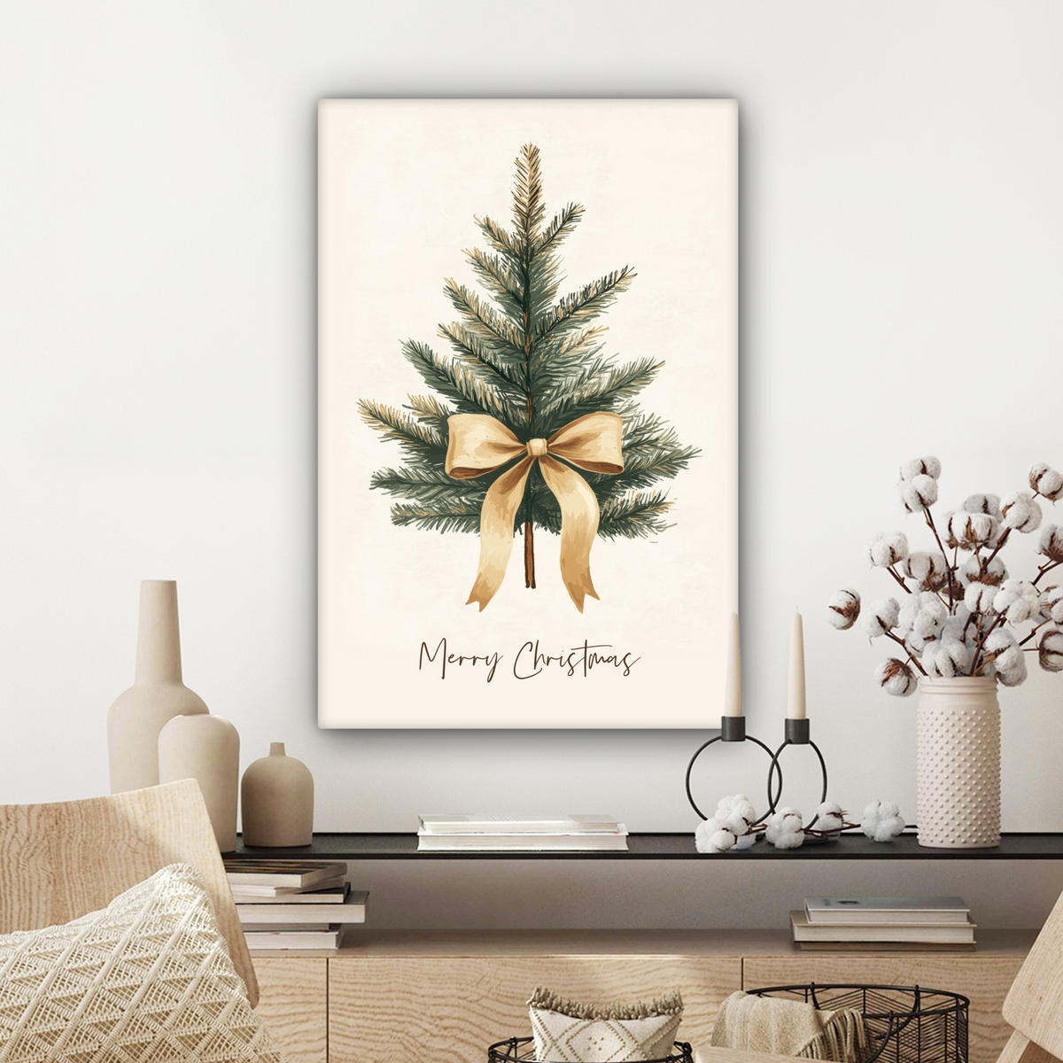 LEINWANDBILD Weihnachtsbaum - Weihnachten - Frohe Weihnachten - Beige Wanddeko 40x60 cm - Sandfarben, Textil (40/60cm) - MuchoWow