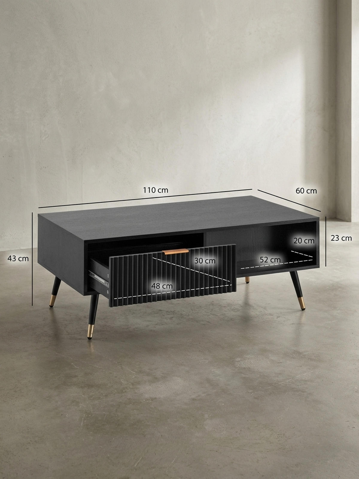 COUCHTISCH Schwarz Eiche-Dekor mit Stauraum 110x60x43 cm Metallbeine - Goldfarben/Schwarz, Holzwerkstoff/Metall (60/110/43cm) - KADIMA DESIGN