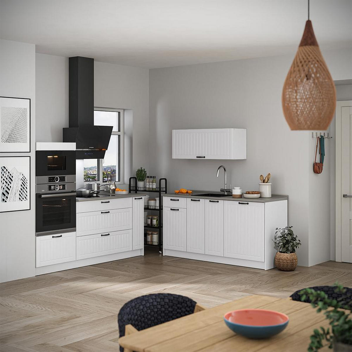 KÜCHENZEILE Fame-Line, Weiß Landhaus/Weiß, 340 cm, AP Anthrazit - Weiß, Holzwerkstoff (340/153.6/60cm) - Vicco