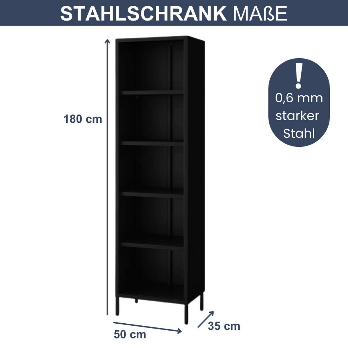 BÜCHERREGAL Metall MARIO 5 Ebenen 180x50x35cm Schwarz - Schwarz, Metall (50/180/35cm) - Jan Nowak