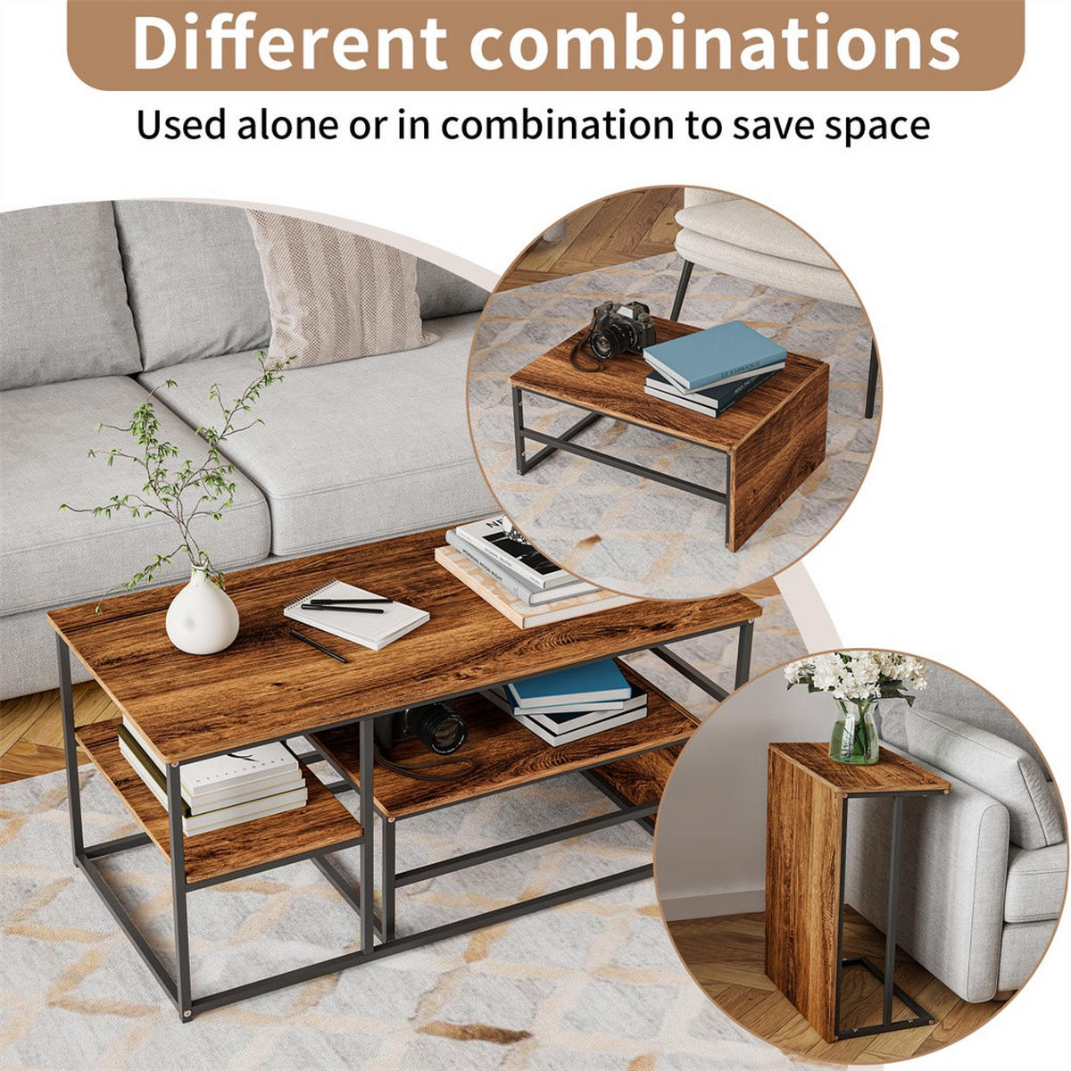 COUCHTISCH Rechteckig - Couchtisch mit Tischplatte in Holzmaserung und schwarzem Metallgestell - Braun und Schwarz - Braun, Holzwerkstoff (52/105/48.5cm) - DELFA