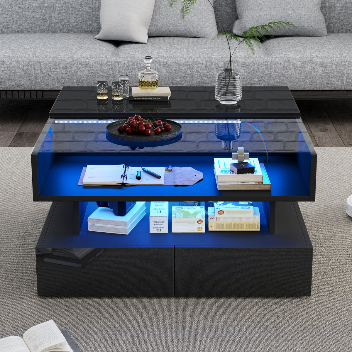 COUCHTISCH Schwarz 80/80/45 cm mit Hubfunktion, LED, Glas-Element und Schubladen - Schwarz, Holzwerkstoff (80/80/45cm) - PANGIVO