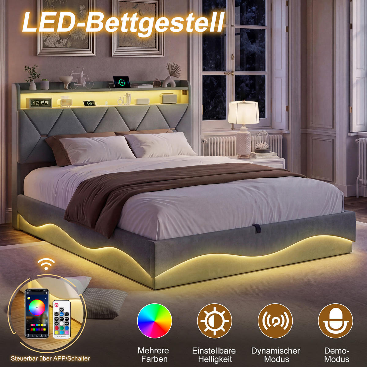 POLSTERBETT 160 x 200, Doppelbett mit Bettkasten und Lattenrost, Kopfteil, LED, USB, Samt, grau - Grau, Holzwerkstoff/Textil (160/200cm) - GENKI LIVING