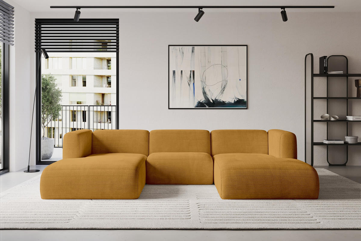 WOHNLANDSCHAFT MIRA-U1 317x179x70 Senfgelb Cord - Currygelb/Schwarz, Holzwerkstoff/Kunststoff (317/70/179cm) - ALTDECOR