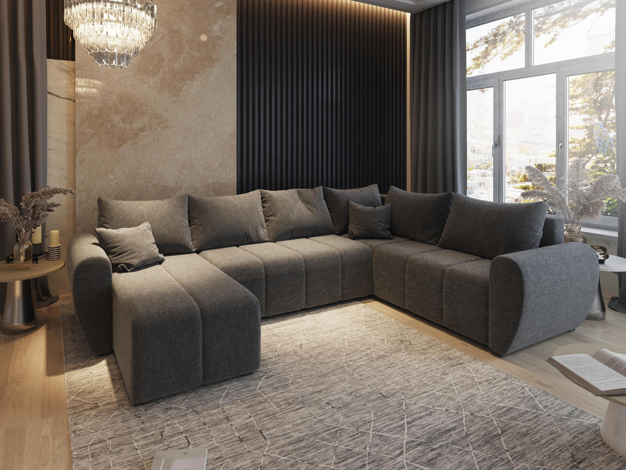 WOHNLANDSCHAFT MADISON XL R-S Grau Dünner Stoff mit Schlaffunktion - Grau, Holz (303/82/208cm) - MASSENO