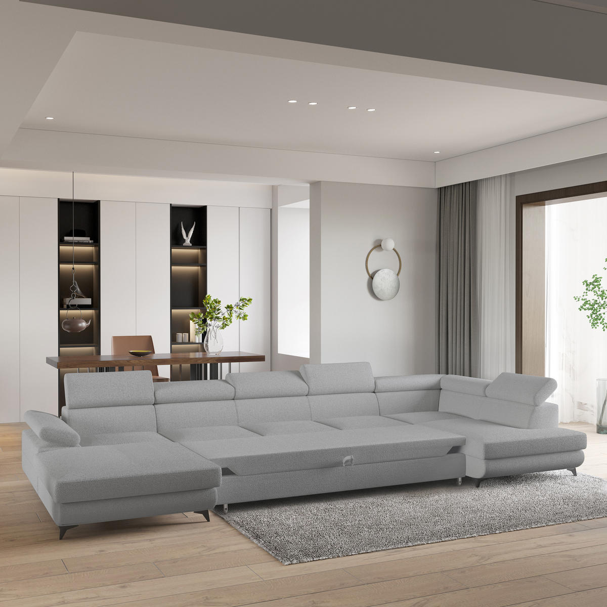 WOHNLANDSCHAFT MONTIVA Hellgrau Boucle-Stoff mit Schlaffunktion - Hellgrau, Holz (410/89/190cm) - MASSENO