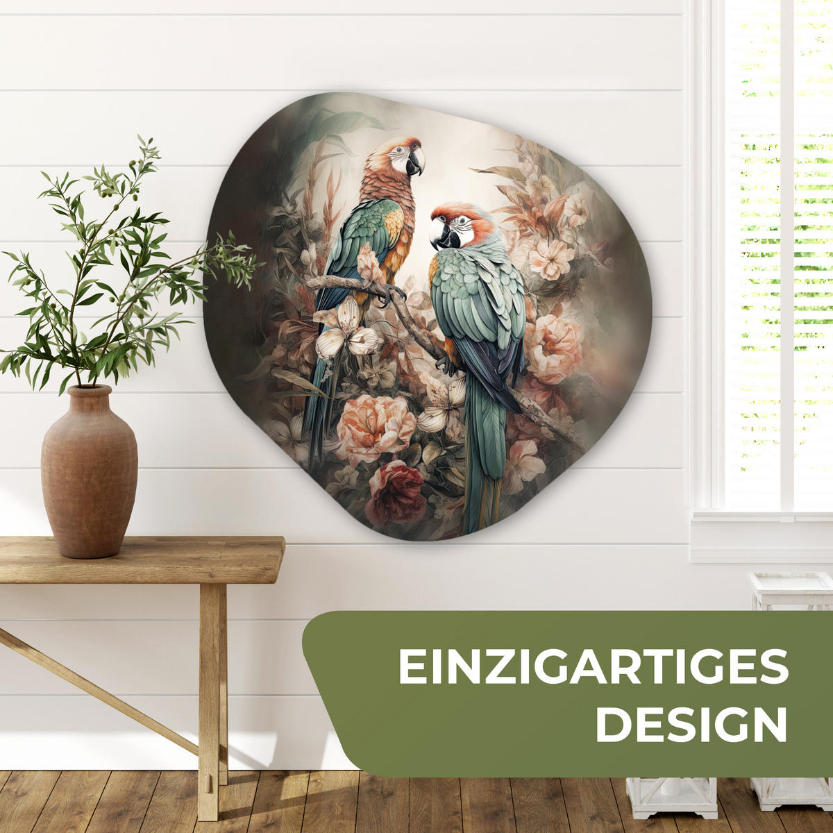 WANDBILD Papageien - Vögel - Natur - Blumen 90x90 cm - Baltimorefarben, Kunststoff (90/90cm) - MuchoWow