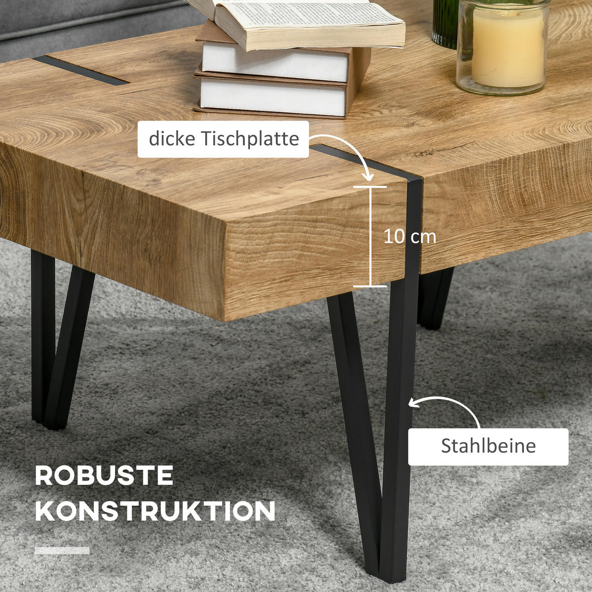 COUCHTISCH Beistelltisch Kaffeetisch mit verstellbaren Fußstützen Sofatisch - Naturfarben, Kunststoff (105/60/42cm) - HOMCOM