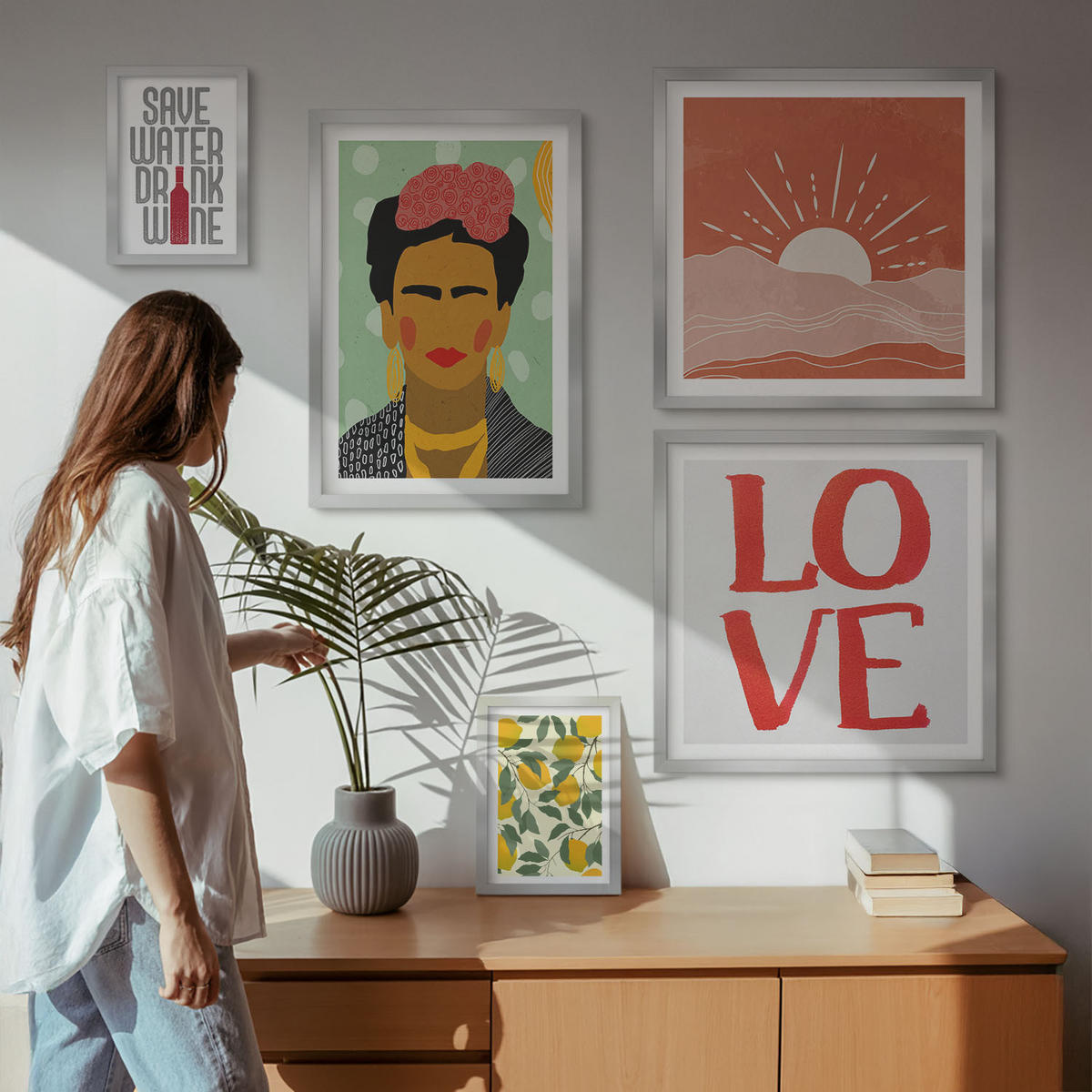 BILDER SET 5er Set - 50x50 cm & 20x30 cm & 40x60 cm Silberner Rahmen - Zitronen Inschrift Liebeslandschaft Frida - Silberfarben, Kunststoff (40/60cm) - TULUP