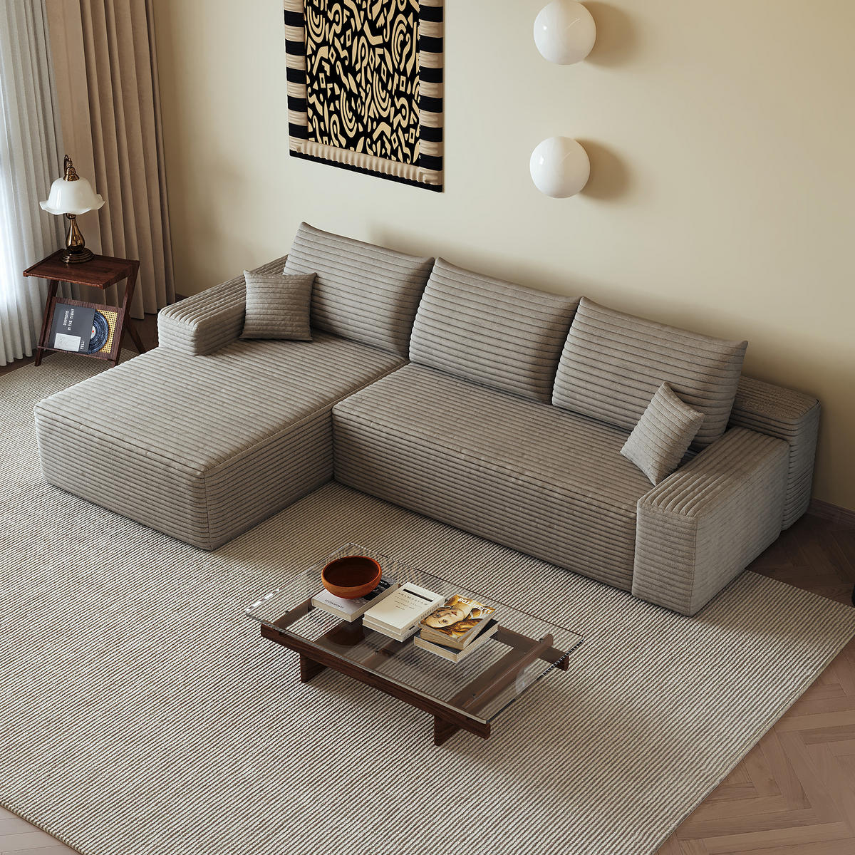 ECKSOFA 270/175/83 cm Kamel Cord mit Chaiselongue, Linke Seite - Braun/Cappuccino, Textil (270/175cm) - Oxeza