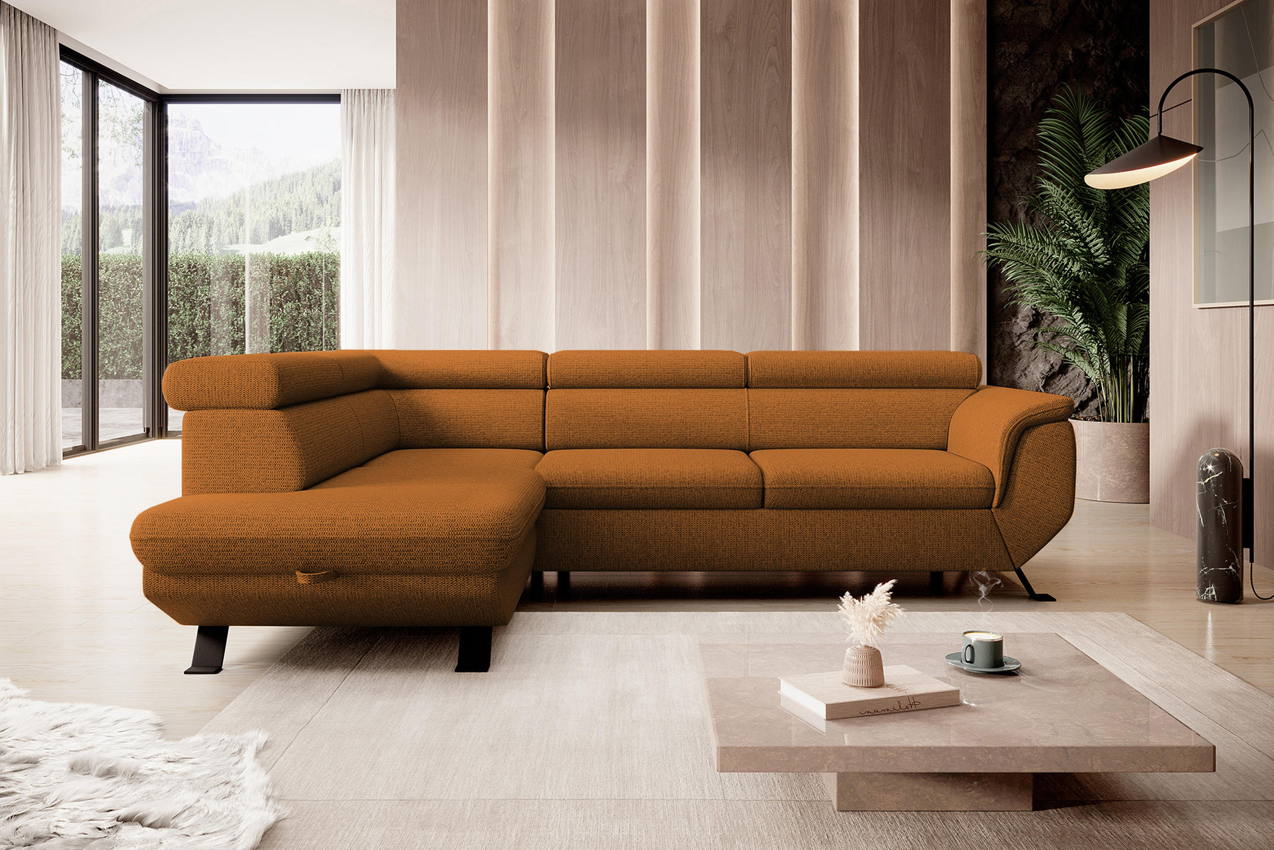 ECKSOFA RAVEN L mit Schlaffunktion und Bettkasten, Freistehend, Polstersofa mit Verstellbaren Kopfstützen, 257x198x96 cm, Linke, Braun - Braun, Holz/Textil (198/256cm) - DomoHome