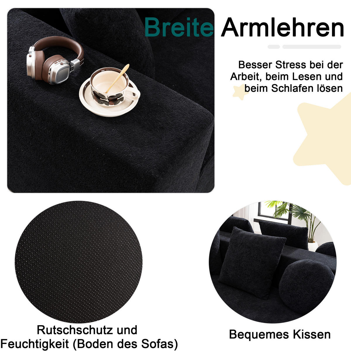 WOHNLANDSCHAFT Chenille Schwarz mit Kissen - Schwarz, Textil (263/66/171cm) - WISHDOR