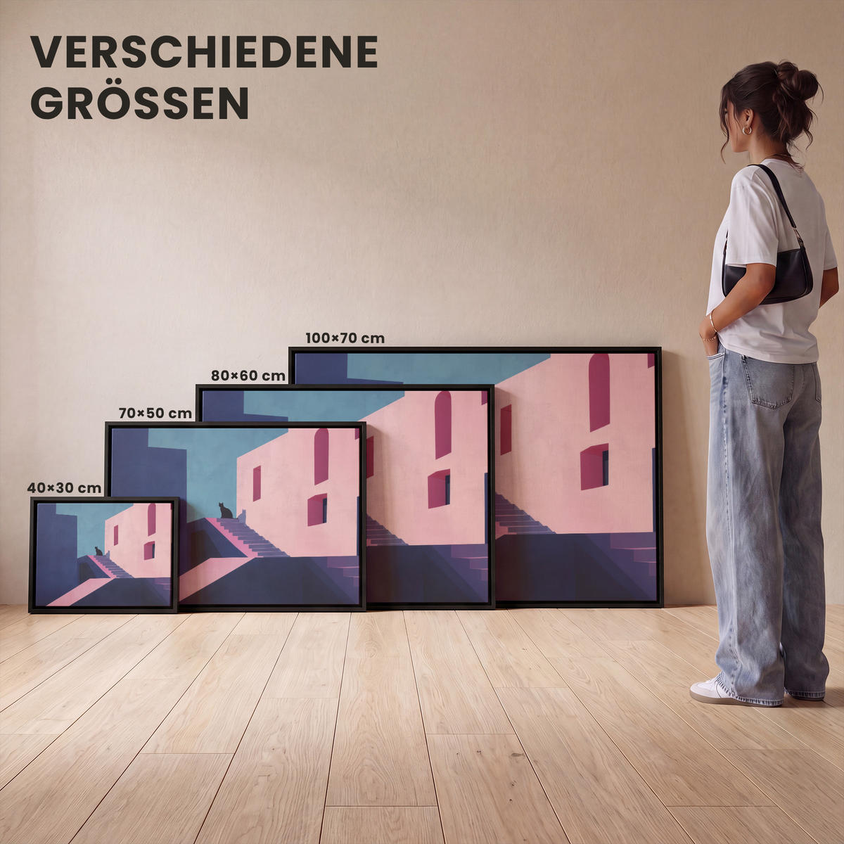 LEINWAND Bilder mit Rahmen - Katze - Treppe - Gebäude - Schattenkontraste - 40x30 - Dunkelblau, Textil (40/30cm) - MuchoWow