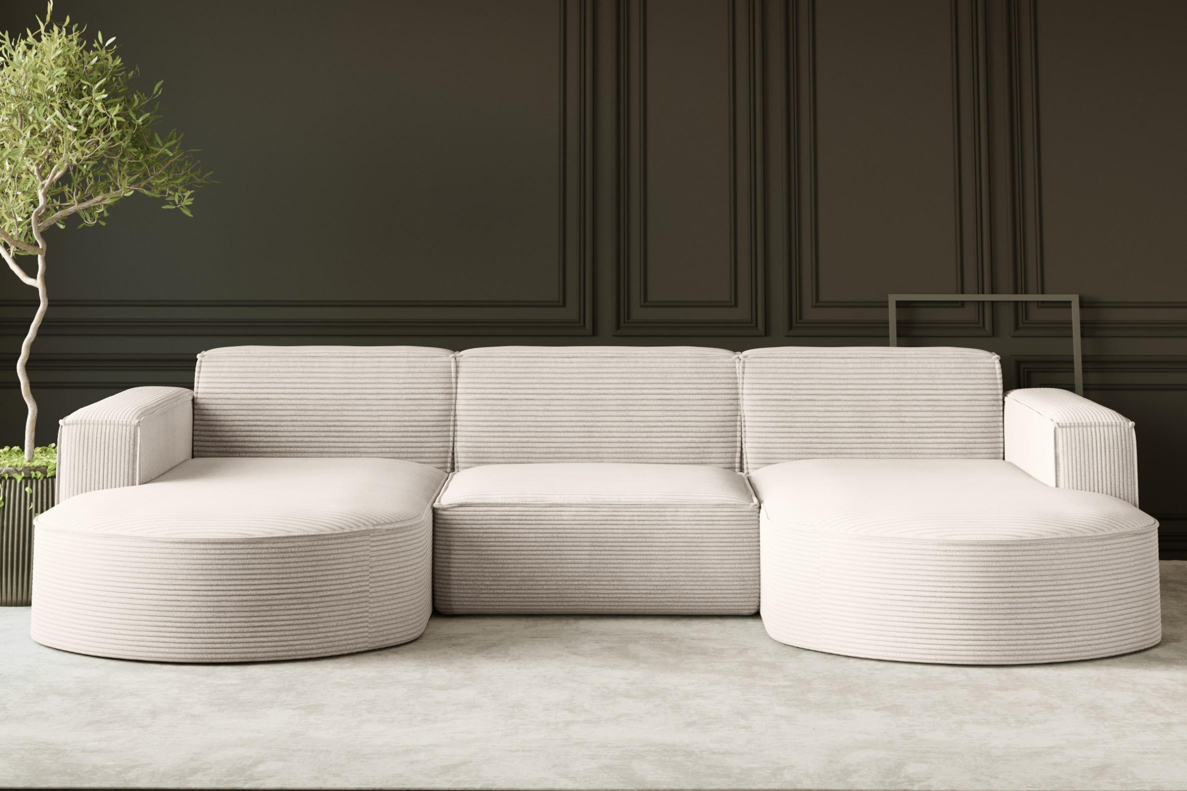 ECKSOFA Designer MODENA U STUDIO Stoff Dicker Cord Beige - Beige, Holz (165/299cm) - Kaiser Möbel