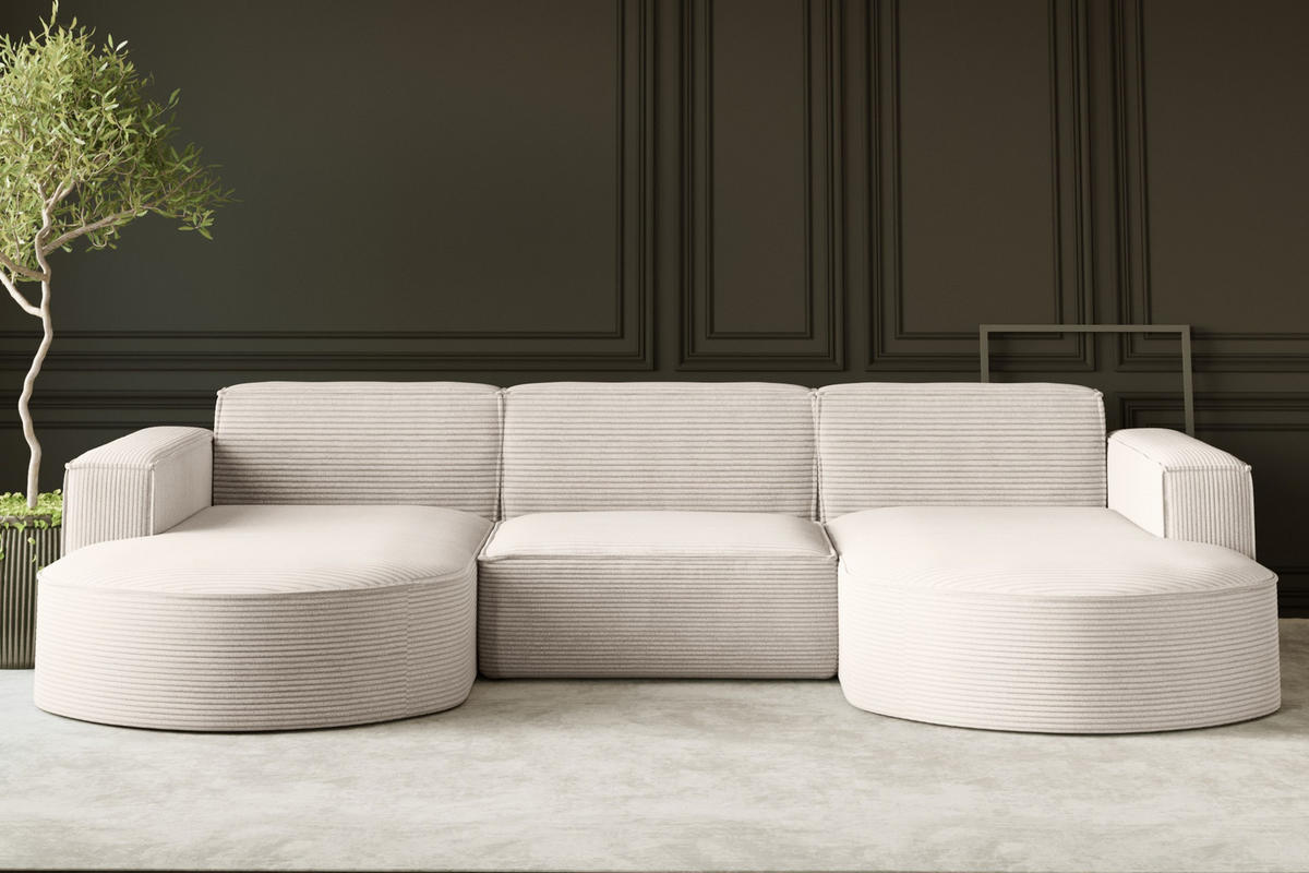 ECKSOFA Designer MODENA U STUDIO Stoff Dicker Cord Beige - Beige, Holz (165/299cm) - Kaiser Möbel