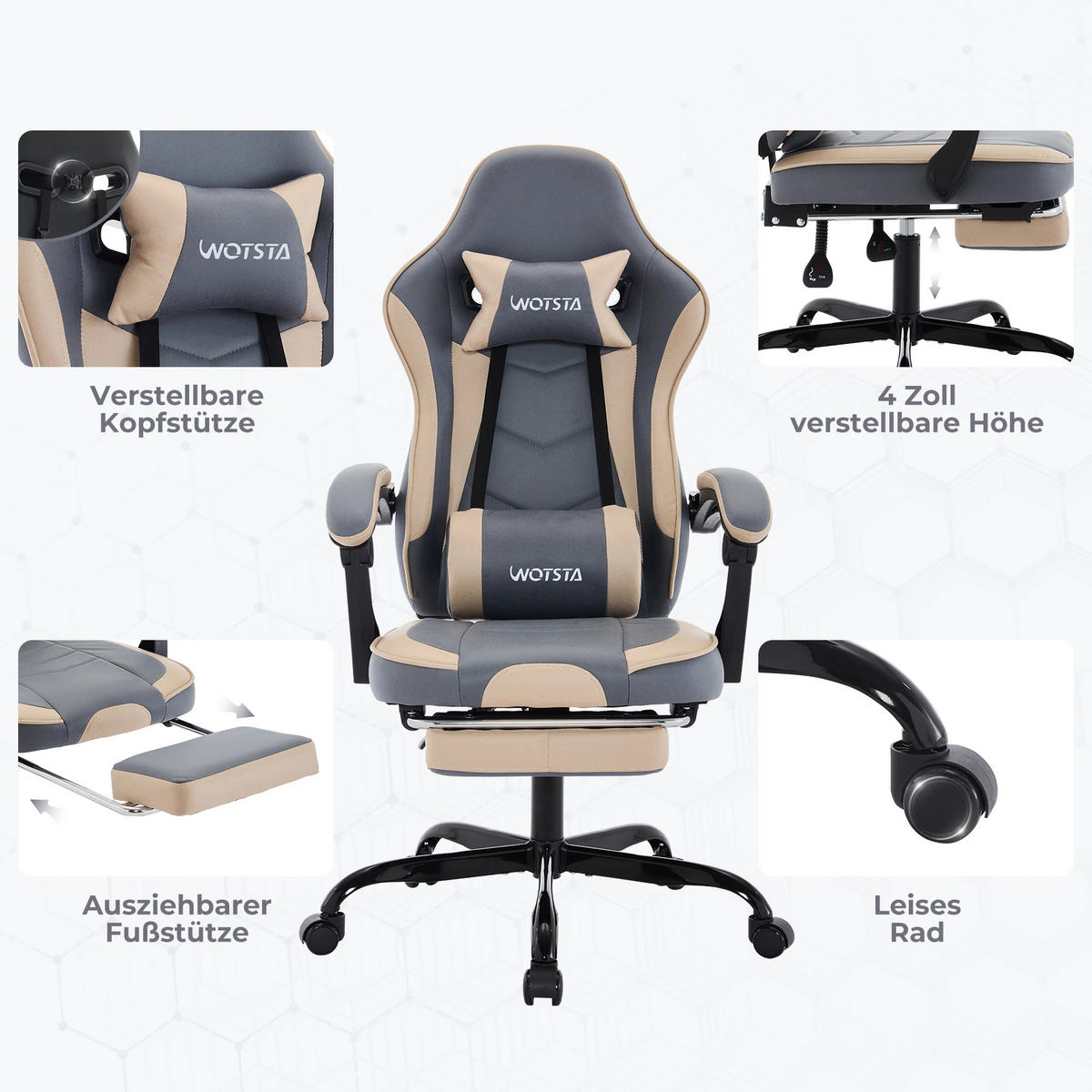 GAMINGSTUHL mit Fußablage Kopfstütze & Lendenkissen Hellblau - Hellblau, Metall (63/125/54cm) - Kaket