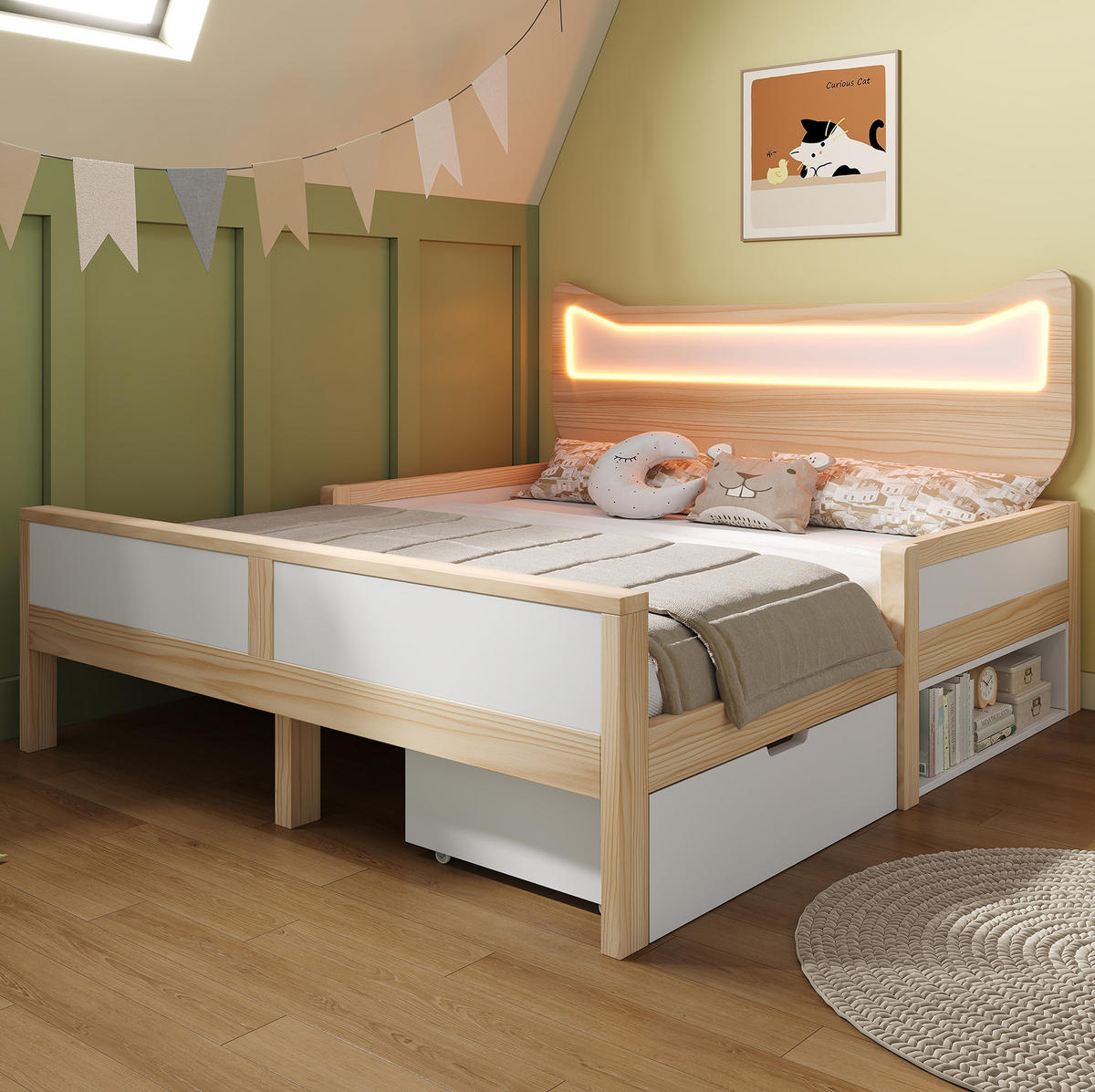 KINDERBETT 140/200 cm mit RGB-LED, Katzenkopfteil, Schublade, Staufach und Schutzgitter, Weiß/Eiche - Weiß, Holzwerkstoff (140/200cm) - Redom