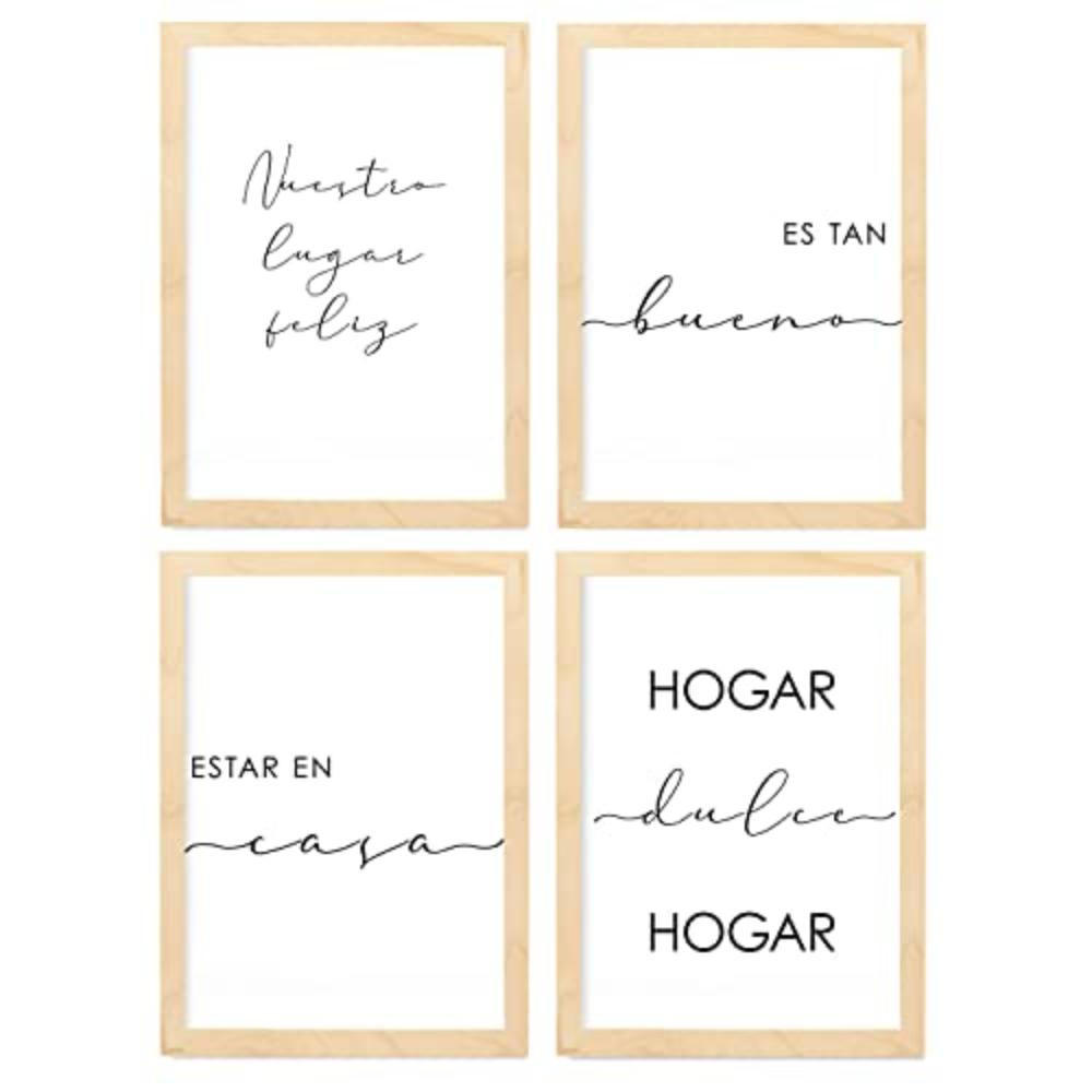 POSTER Set mit 4 Zuhause TypografieStil A4 Rahmen aus hellem Holz - Beige, Papier (29.7/3cm) - Nacnic