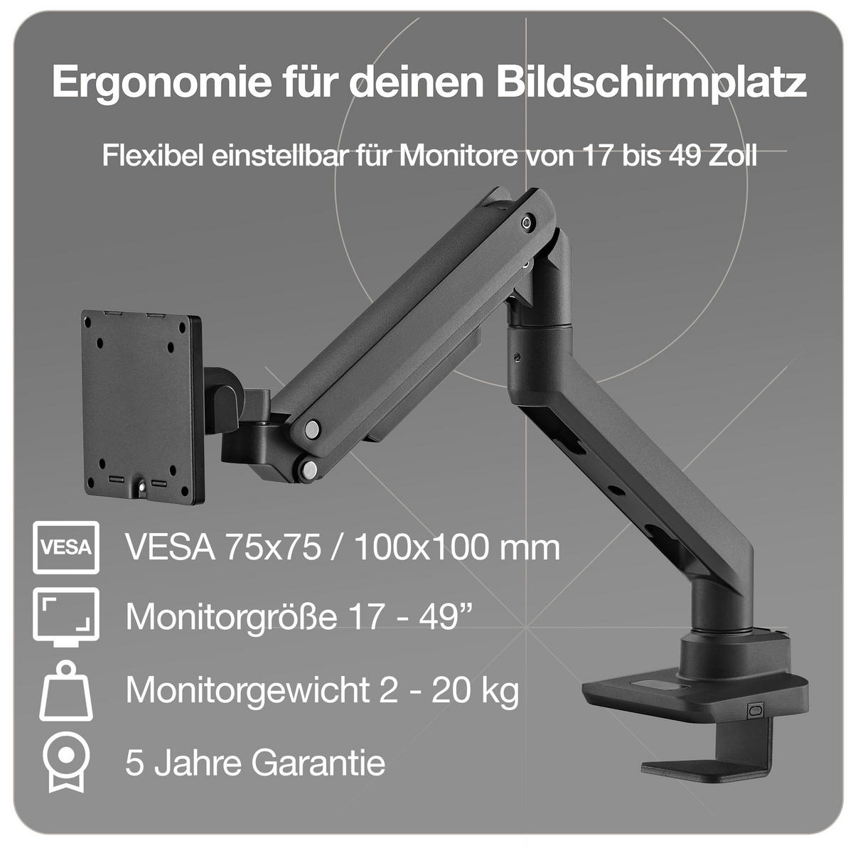MONITORARM in schwarz mit Gasfeder für 17–49 Zoll Monitore bis 20kg / Schwarz - Schwarz, Metall (22/43/13cm) - ASSMANN