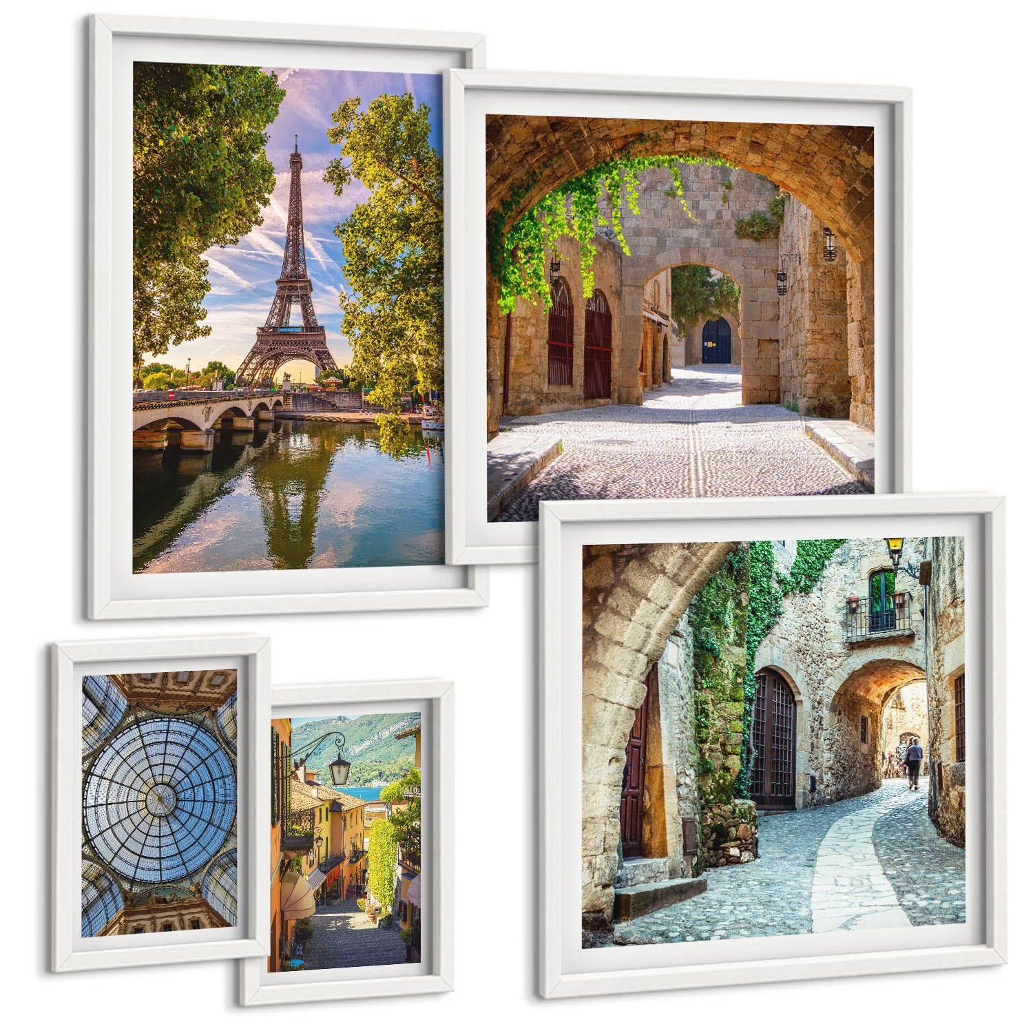 BILDER SET 5er Set - 50x50 cm & 20x30 cm & 40x60 cm Weißer Rahmen - Grüne, saftige Blätter - Weiß, Kunststoff (40/60cm) - TULUP