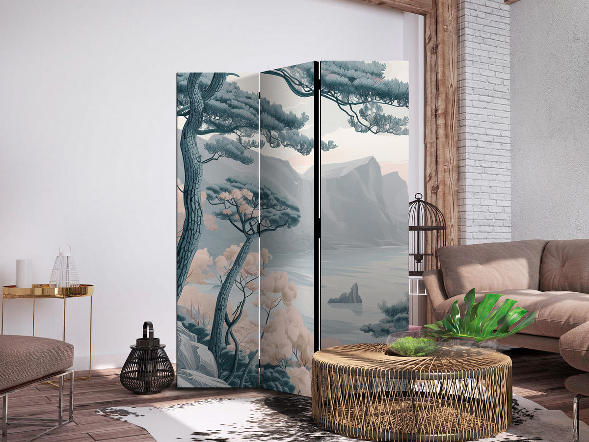 PARAVENT Beidseitig Bedruckter 3-tlg 135x172 cm Bergk ste Landschaft - Blau, Holz/Textil (135/172/3cm) - Muralo