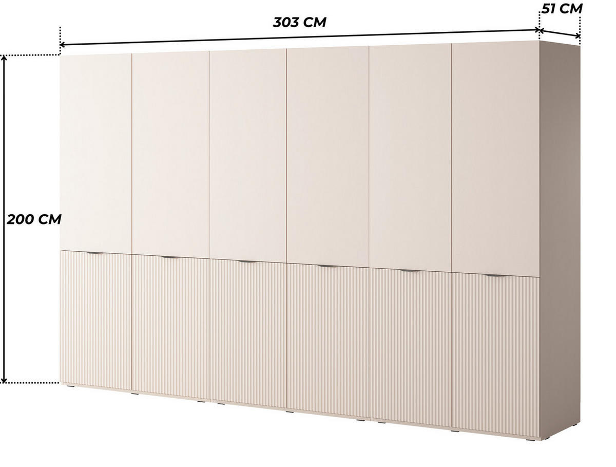 KLEIDERSCHRANK ZEN (Modular, Beige Matt, Rillenfront, 6-türig) - Beige/Schwarz, Holz/Holzwerkstoff (303/200/51cm) - Ravio