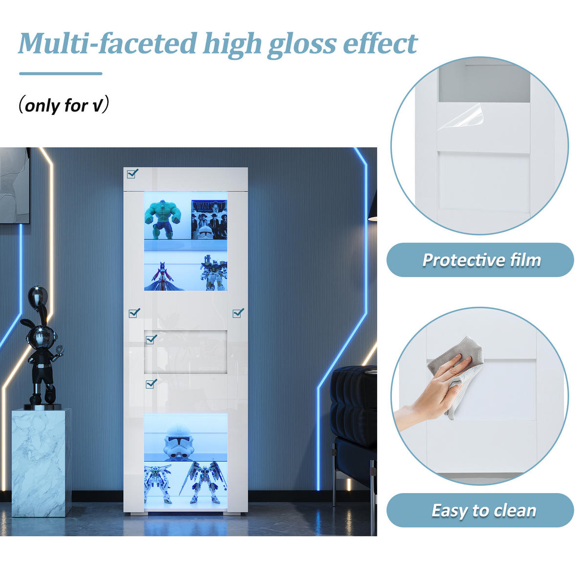 VITRINE LED Hochglanz Schrank Acryl Tür 2 Glasböden Weiß 170cm - Weiß, Glas (60/170/40cm) - FLIEKS