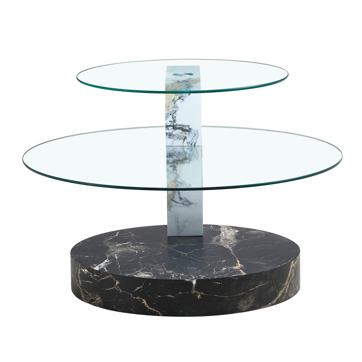 COUCHTISCH aus MDF 90x70x44 cm und Sicherheitsglas Weiß/Schwarz in Marmoroptik mit zwei Ablageebenen - Weiß, Holzwerkstoff (90/70/44cm) - IVMEU